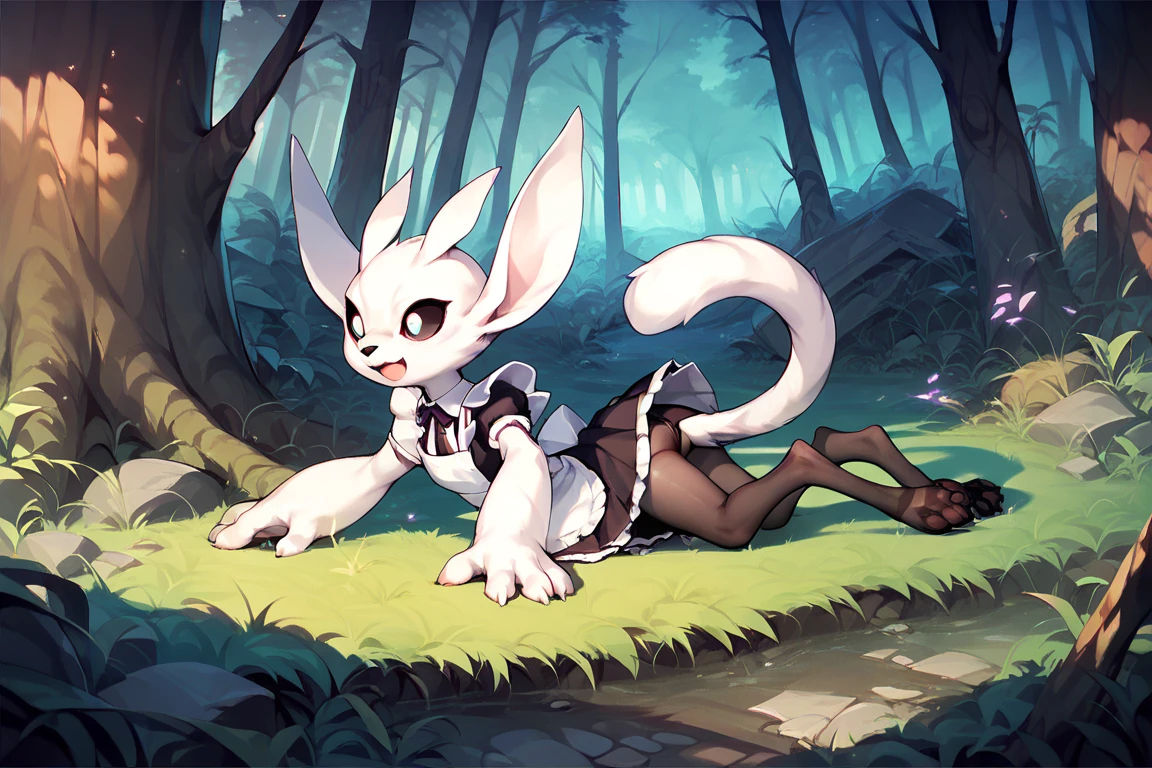 personalami league_of_legends riot_games kindred_(lol) lamb_(lol) bovid caprine mammal sheep hi_res anthro (a cute very young small slim body) blue_eyes breasts crouching detailed_background female forest fur genitals hair innie_pussy night outside plant pussy solo tree white_body white_fur white_hair updn,