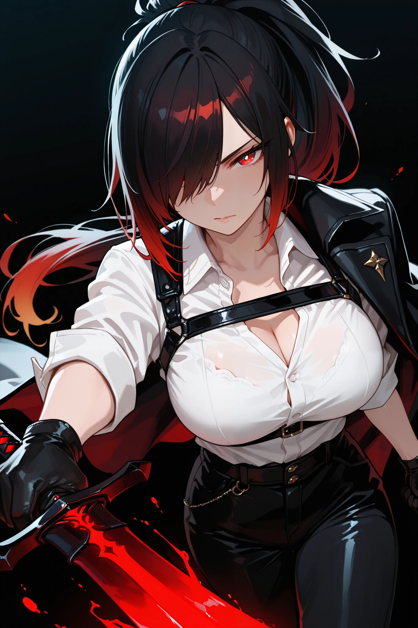 HDR, masterpiece, best quality, very aesthetic, absurdres, newest, 8k, foreshortening, red eyes, white pupils, gradient hair, black hair, red hair, long hair, asymmetrical hairline, hair over right eye, ponytail, large breasts, black gloves, ((white collared shirt)), rolled up sleeves, breast harness, cleavage, cape on shoulder, black cape, black shirt, black pants, cool, high fashion, jewelry, closed mouth, holding sword, glowing red sword, blood sword, action pose, dynamic angle, energy, serious, black background, depth of field, cinematic, cowboy shot