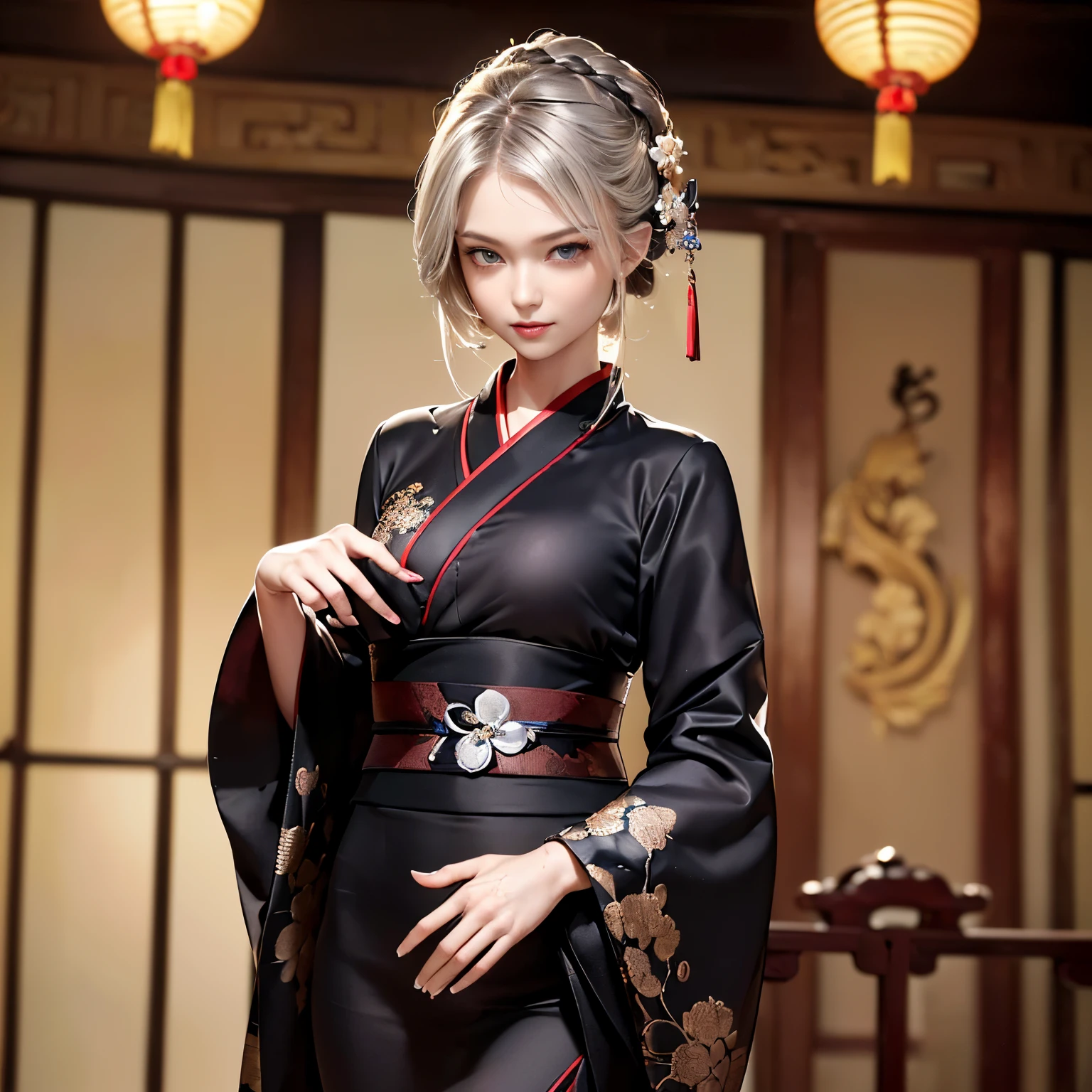 (Surrealism, retina, masterpiece, accurate, anatomically correct, super detail, best quality, 8k, extremely precise in every detail, beautiful detailed glow, beautiful attention to detail, beautiful detailed eyes:1.4), (a female military-strategist in a long black Kimono-dress is standing in a Chinese palace:1.3), (long brown fish-tail braid hair), beautiful face, (slanted silver crystal eyes), (slender body, slim body), (anatomically correct fingers, anatomically correct hands:1.5), smiling broadly, holds a fan in her right hand