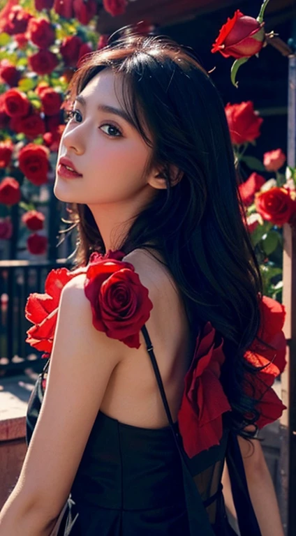 dark theme , (best quality, masterpiece:1.2), 18yo girl in garden, black cleavage dress, (red flowers mess in background:1.3)