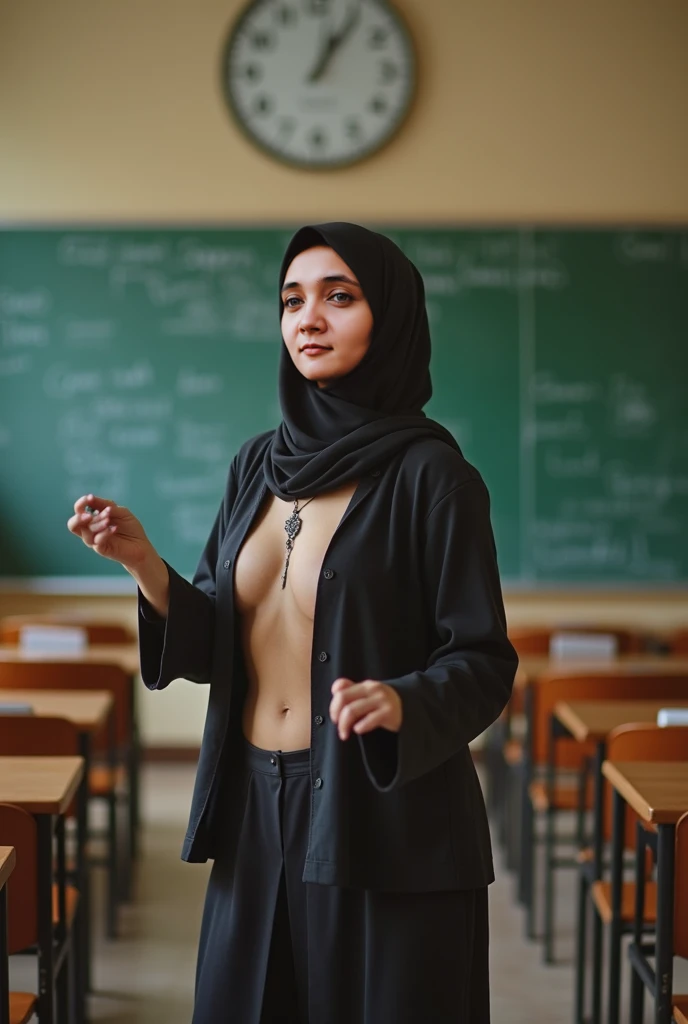 ((small breast)), sweaty naughty glasses hijab girl wear wet full colour blazer, braless, big and sharp edge nipples were visible out through blazer teach full student at classroom, flat chest, small, hot, sexy breast and nipple