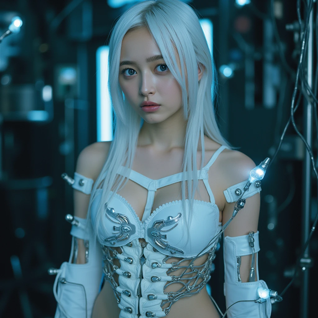 A beautiful Korean girl with long white hair and bangs, icy blue eyes, pale white skin, wearing a white skimpy ninja suit, in a video game style similar to Mortal Kombat, ultra detailed, extremely high quality, (best quality,4k,8k,highres,masterpiece:1.2),ultra-detailed,(realistic,photorealistic,photo-realistic:1.37),HDR,UHD,studio lighting,ultra-fine painting,sharp focus,physically-based rendering,extreme detail description,professional,vivid colors,bokeh,concept art