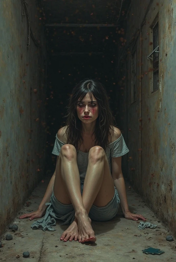 A girl sitting down with a fragmented mirror on a large canvas. Bright, clashing colors swirl violently in the background. Distorted, anguished faces are visible in the mirror shards. The brushstrokes are chaotic and intense. The scene conveys deep emotional turmoil and inner conflict. The overall effect is unsettling and vivid, capturing raw, expressive emotion. make it more emotional and expressional
