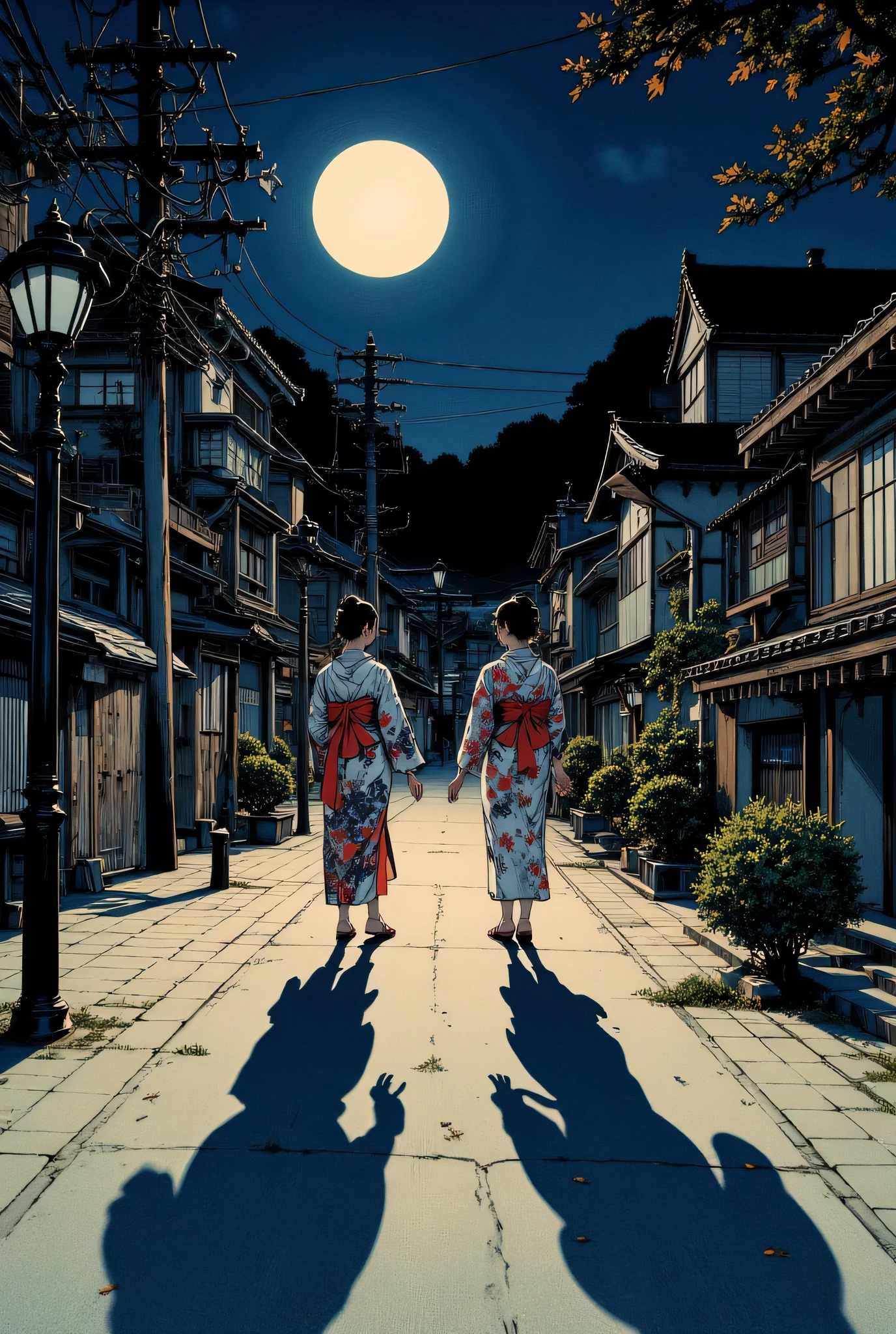 Street lights, women wearing kimonos and shadows hanging below them, Not only black, but also blue and purple 1two shadows,symbols of Solitude and static、extends to the viewer,A composition where only shadows stand out、reproduces the unique color and texture of woodblock prints, strong contrast ,Ukiyo-e style outlines and shadows,Lengthening the shadows towards them,eye inducing effect,Solitude and static,Creates a dramatic atmosphere,dark navy blue sky on a moonlit night,symbols of Solitude and static,color of shadows(cool blue), In the background , landscape with zazuri, The contrast between light and dark ,Scenery that makes you feel travel and nostalgia, landscape with zazuri mixed style and new prints,drawing small figures,multi-colored texture of traditional woodblock prints,The greatest emphasis is placed on delicate brushwork and lyrical atmosphere,and scenery that can only be seen for a while,poetic and youthful nostalgia,Paintings with dark shadows,detailed,Nostalgic Atmosphere,Style 4b,detailed depiction of nature,poetic and Nostalgic Atmosphere, detailed depiction of nature,shadows cast long on the ground,The viewer