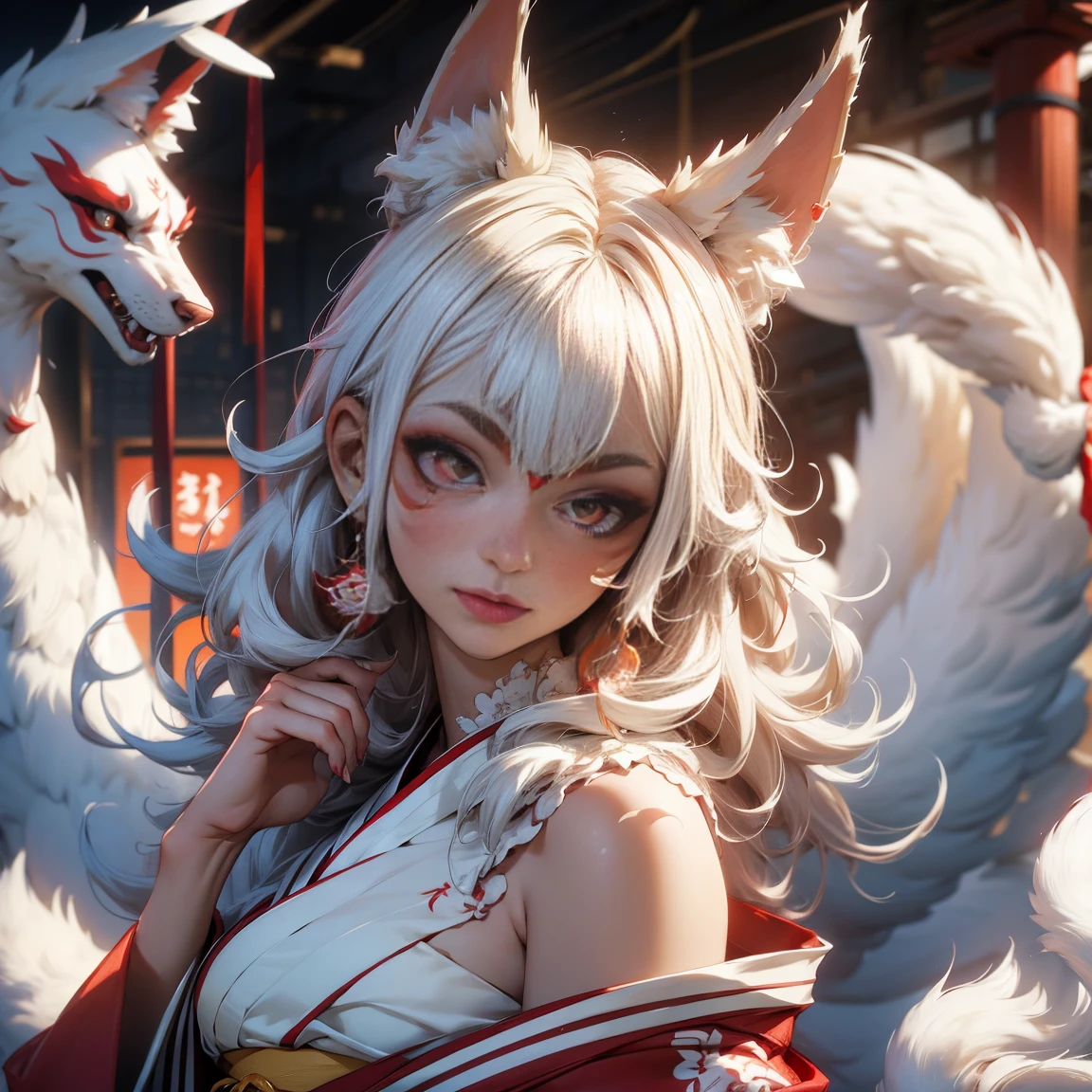 (Photorealsitic:1.3), ​masterpiece, top-quality, (intricate detailes:1.2), (landscapes:1.3), beautiful countenance, The image of a white cat(Black theme:1.3),
(((1girl in、Holding a dagger in your hand、Girl in patterned white kimono、(Take a look at Veiwer:1.3)、(face tattoos:1.2)、Cat's ears、
)))、full body Esbian