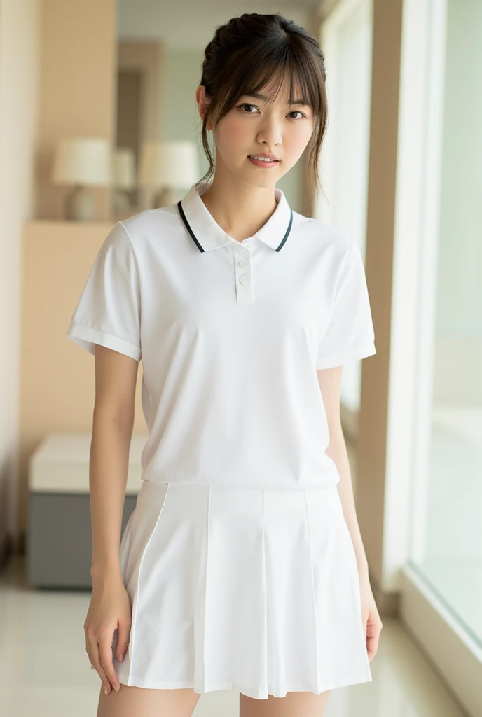 (Masterpiece, Best quality:1.4), (Ultra realistic, Photo-realistic:1.2), (Seductive pose:1.2), (Beautiful thighs, Spread legs:1.1), Looking at viewer, Natural light, 28 years old actress, Japanese women, Neat and clean, ((Wearing white tennis uniform, White short-sleeve polo shirt with collar:1.2)), (unbutton:1.2), ((Wearing white pleated tennis skirt:1.2)), (ponytail:1.2), Light brown hair color, (Beautiful Face), Oval face, clear, (Beautiful eyes, Kind eyes), (Clear skin), Small face, (Small mouth, Beautiful mouth), Natural makeup, Approachable, Luxury hotel Suite room, Seductive smile, Bedroom eyes, Embarrassed, blush,