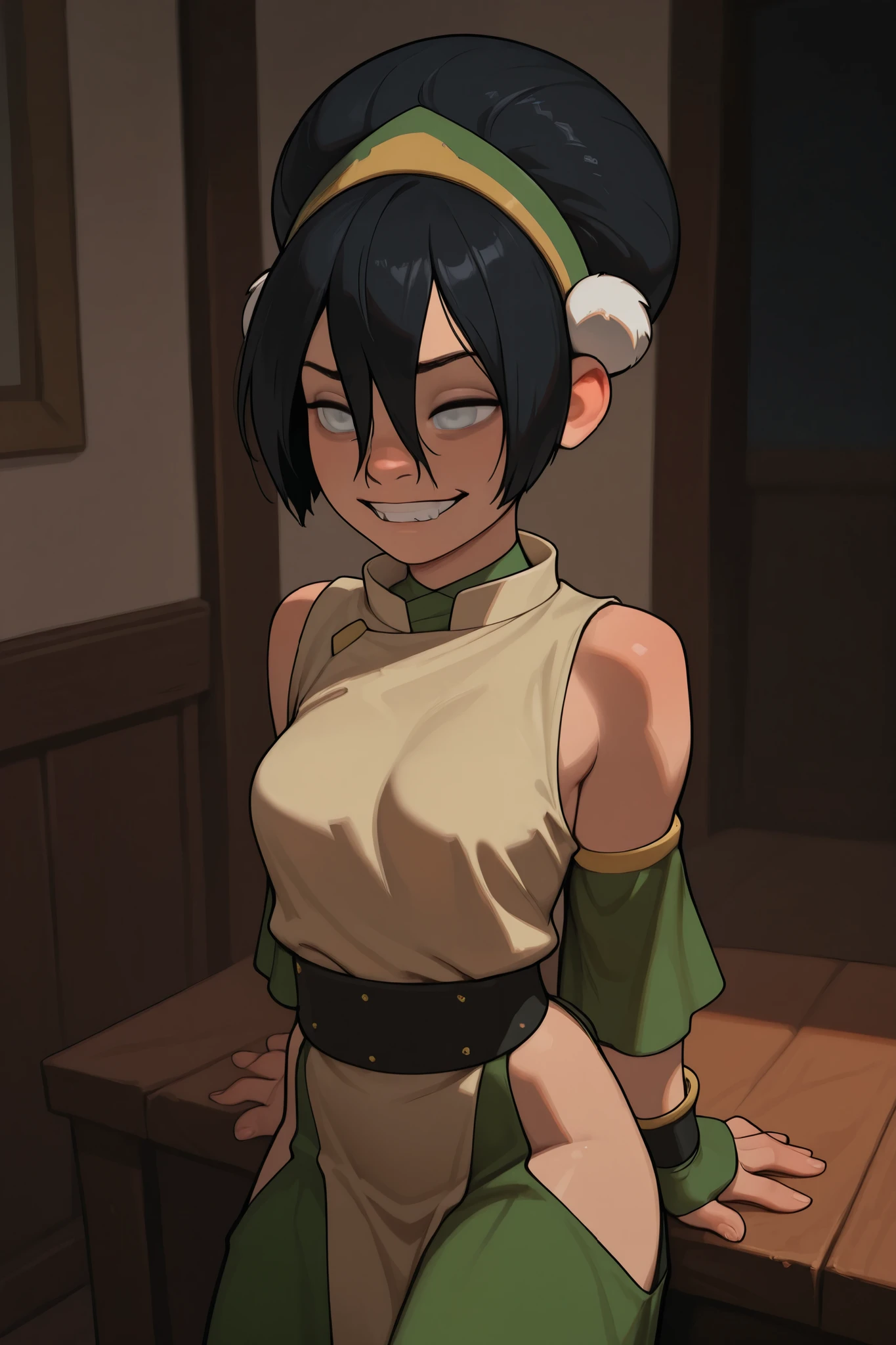 1girl, toph, bangs, black hair, blind, grey eyes, hair between eyes, hair bun, hairband, short hair, breasts, incoth, (incase:0.6), skimpy clothing, seated, gripping a cock, grinning, indoors, medium shot