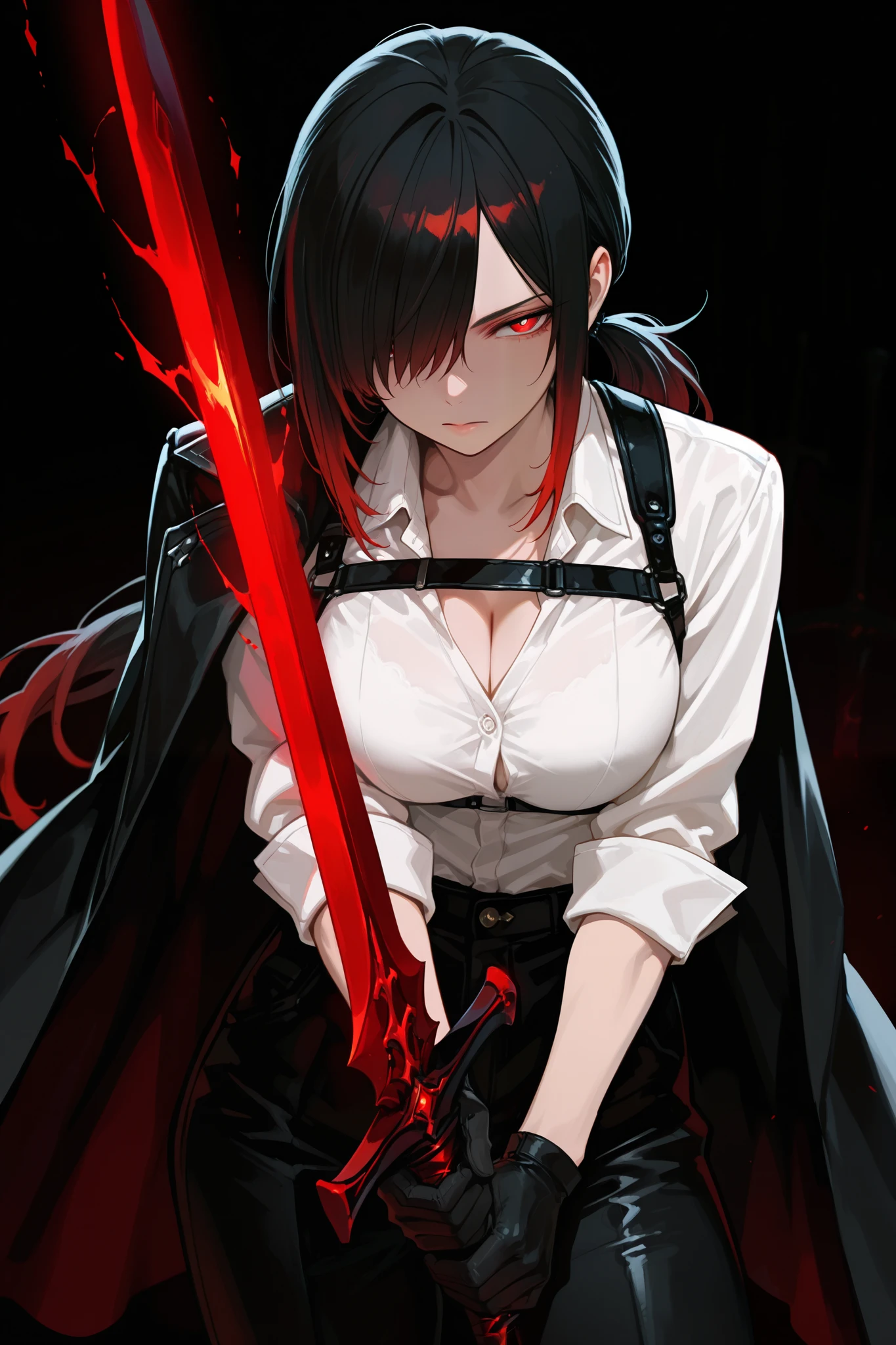 HDR, masterpiece, best quality, very aesthetic, absurdres, newest, 8k, foreshortening, red eyes, white pupils, gradient hair, black hair, red hair, long hair, asymmetrical hairline, hair over right eye, ponytail, large breasts, black gloves, ((white collared shirt)), rolled up sleeves, breast harness, cleavage, cape on shoulder, black cape, black shirt, black pants, cool, high fashion, jewelry, closed mouth, holding sword, glowing red sword, blood sword, facing viewer, standing, hands on sword, energy, serious, black background, depth of field, cinematic, cowboy shot