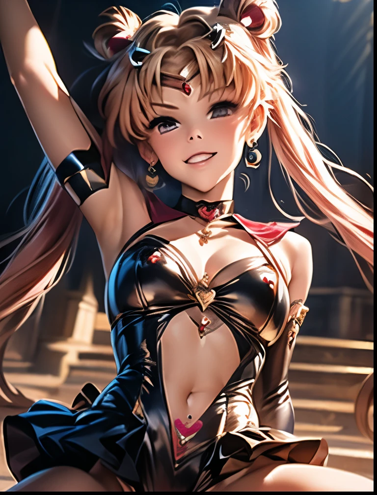 (((SFW、Highest quality、 first class masterpiece 、 normal body of a real person 、8k、 detailed faces 、super precise、 real color 、5refer to、Highest)))、Sailor Moon、sailorMoon、 Gold、twintails、Magic Girl、pretty girl、 can be used、 Navel Exposure 、Big Breasts、Chest Valley、Black tiara on the forehead、Black ribbon on the chest 、slender、 slim、high leg black slingshot、Panchira super miniskirt、Open Legs Embarrassing Pose、 Open Legs Sexy Pose、Fall into Darkness、Big pink heart tattoo on navel、big heart dirty tattoo on chest、pink heart tattoo on the body、big heart patch on the nipple、dark light、evil magic particle、Hypnosis、Hypnotic、Eyes that shine in a heart pattern、hollow eyes、slave iron collar with chain lead、Submissive Female Slave、Brain washing is complete、kind smile、embarrassed blush、ChainBondage、A lot of chains、Trembling violently and panting、Looks happy、open your mouth、stick out your tongue、 salivate、aheface、hands up、Handheld Chain、
