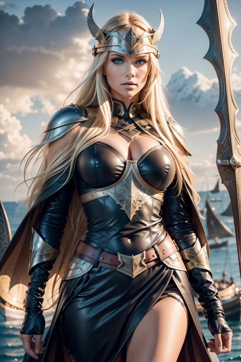 Blonde Elf, grey eyes, medium body, medium tits, vestido warrior negro apretado, mountains, full body image, warrior