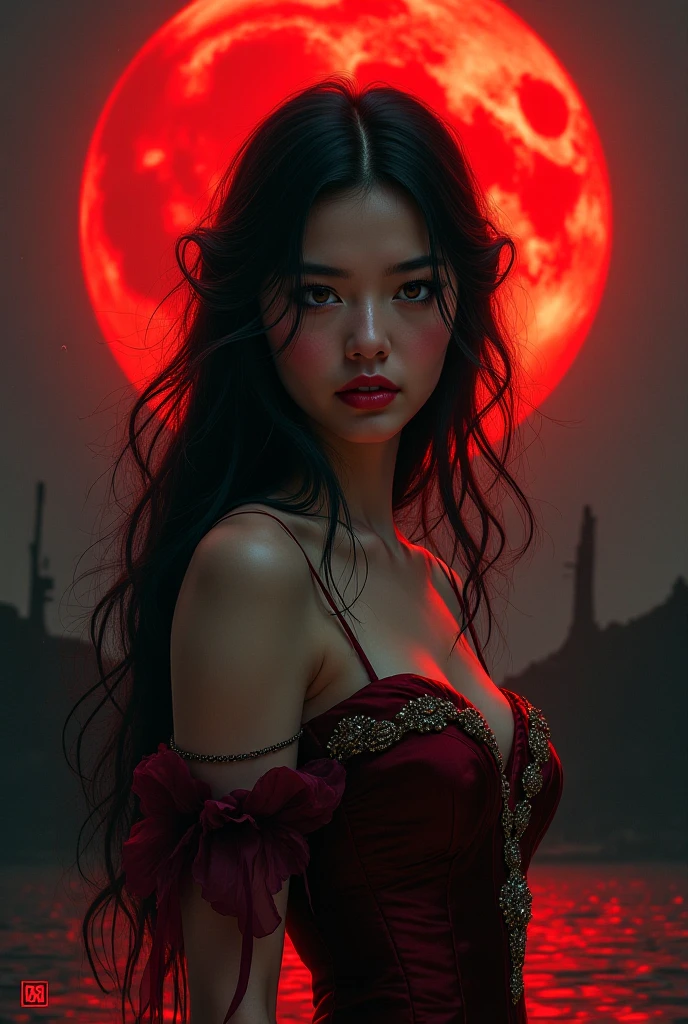 Satanic、despair、Devastation、natural disaster、middle ages、Red full moon、Woman looking up to the sky and shedding tears、Place your hand on your chest、Sad look、Light makeup、Fluffy camisole