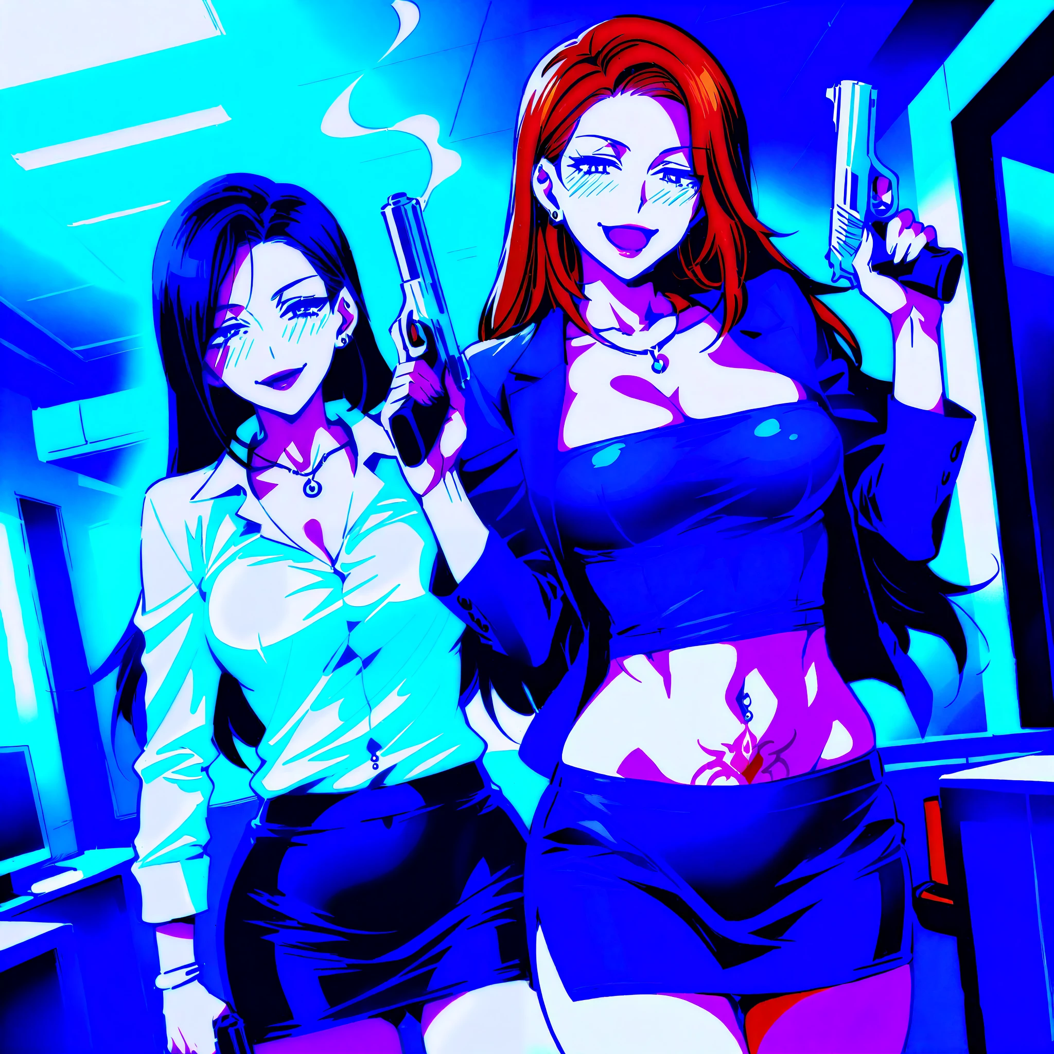 score_9, score_8_up, score_7_up, score_6_up, source_anime, BREAK, 2girl, two girls, , thin waist, wide hips, beautiful skin, piercing  eyes, clear eyes, bright pupils, beautiful eyes, , medium breasts, natural beauty, extraordinary beautiful woman, attractive woman, super sexy woman, lustful body, sexy woman with seductive obscene body,,, ear piercing, long hair, blush, lipstick,Hot girl, baddie, smoking, sensual, attractive ,masterpiece, best quality, highly detailed,breasts,skirt,cleavage,long hair,skirt
suit,suit,formal,jewelry,necklace,micro pencil skirt,jacket,smile,makeup,looking at viewer,business suit,
lipstick,office lady,mature female,micro miniskirt,indoor,office,office lady ,smile, open mouth, (nsfw) not
safe for work, holding a gun, evil expression, exposed belly, exposed navel, exposed midriff, exposed
lower belly , holding pistol, lipstick, navel piercing, dragon tattoo, narrowed eyes, tattoo midriff, dual wielding, 