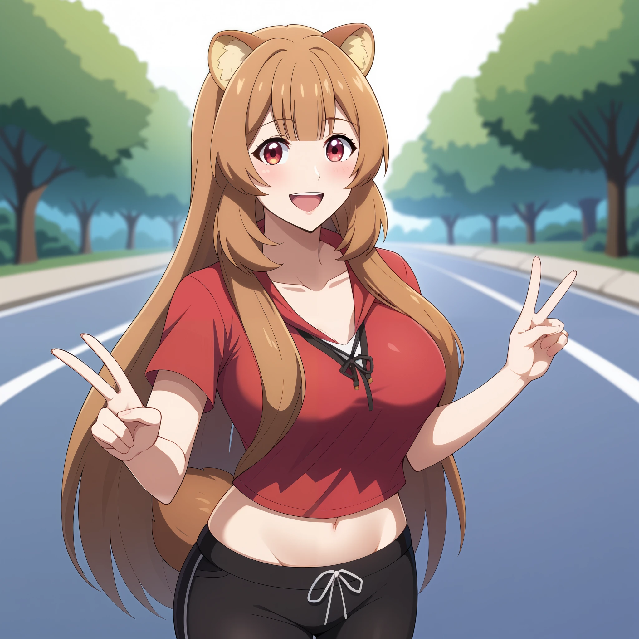 raphtalia, a beautiful young woman with bright orange hair and intense red eyes. Her rounded animal ears peek out of her silky hair. happy smile, big, firm breasts\ She wears simple clothes (hooded parka , \ , and wears loose-fitting sports pants , casual street pop style , , very happy ,, wonderful realism , resolution 4k , Natural Details , intense pop colors , attractive lighting , Comprehensive balance adjustments , tails , manos perfectas . five fingers on each hand.