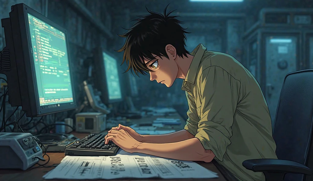 A man, 20 years old, non-mainstream, sitting in front of a computer screen, looking at the computer screen, angry, in the room