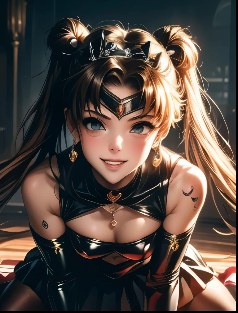 (((SFW、Highest quality、 first class masterpiece 、 normal body of a real person 、8k、 detailed faces 、super precise、 real color 、5refer to、Highest)))、Sailor Moon、sailorMoon、 Gold、twintails、Magic Girl、pretty girl、 can be used、 Navel Exposure 、Big Breasts、Chest Valley、Black tiara on the forehead、Black ribbon on the chest 、slender、 slim、high leg black slingshot、Panchira super miniskirt、Open Legs Embarrassing Pose、 Open Legs Sexy Pose、Fall into Darkness、DarkSailor Moon、big heart dirty tattoo on belly、heart on chest dirty tattoo、big heart patch on the nipple、big heart tattoo on the body、dark light、evil magic particle、Hypnosis、Hypnotic、Eyes that shine in a heart pattern、hollow eyes、Iron collar with chain lead and slave spines、Two Hand Chain Handcuffs Bondage、Submissive Female Slave、Brain washing is complete、kind smile、embarrassed blush、ChainBondage、A lot of chains、Trembling violently and panting、Looks happy、open your mouth、stick out your tongue、 salivate、aheface、on all fours