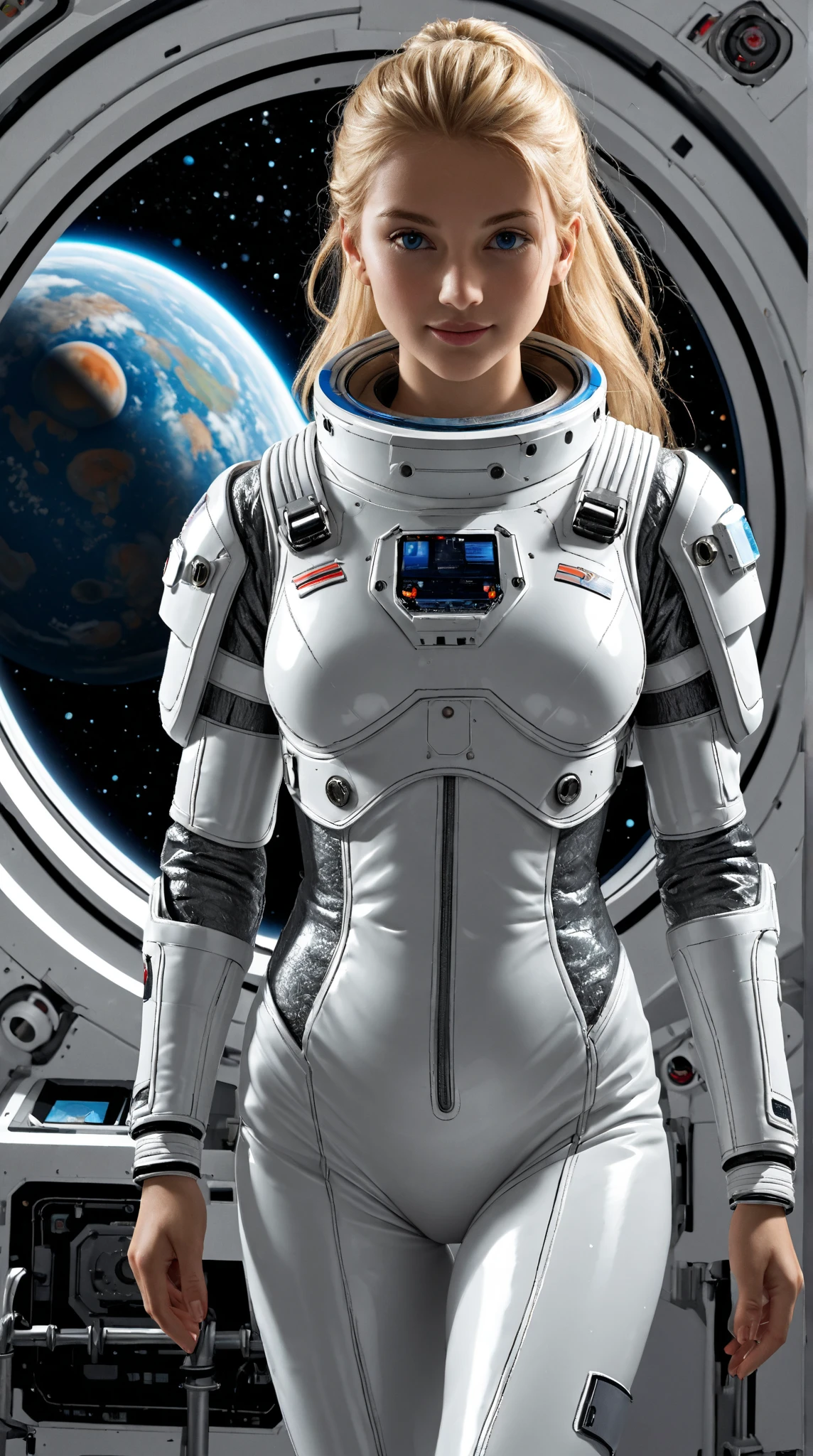 A beautiful astronaut with blond hair and blue eyes, captured from a top and back view, showing its figure in a futuristic metallic latex space suit in shades of silver and dark. Her posture is relaxed yet elegant, embedded in a metal structure inside a high-tech space station. its head is slightly turned to the side, as if she were looking at something out of camera, with a subtle smile on her face. The lighting highlights the reflections of the suit and her golden hair. Through a large curved window, you can see outer space with planets and bright stars, adding an immersive science-fiction environment. The digital art is ultra detailed, with a cinematic style and a captivating futuristic atmosphere.