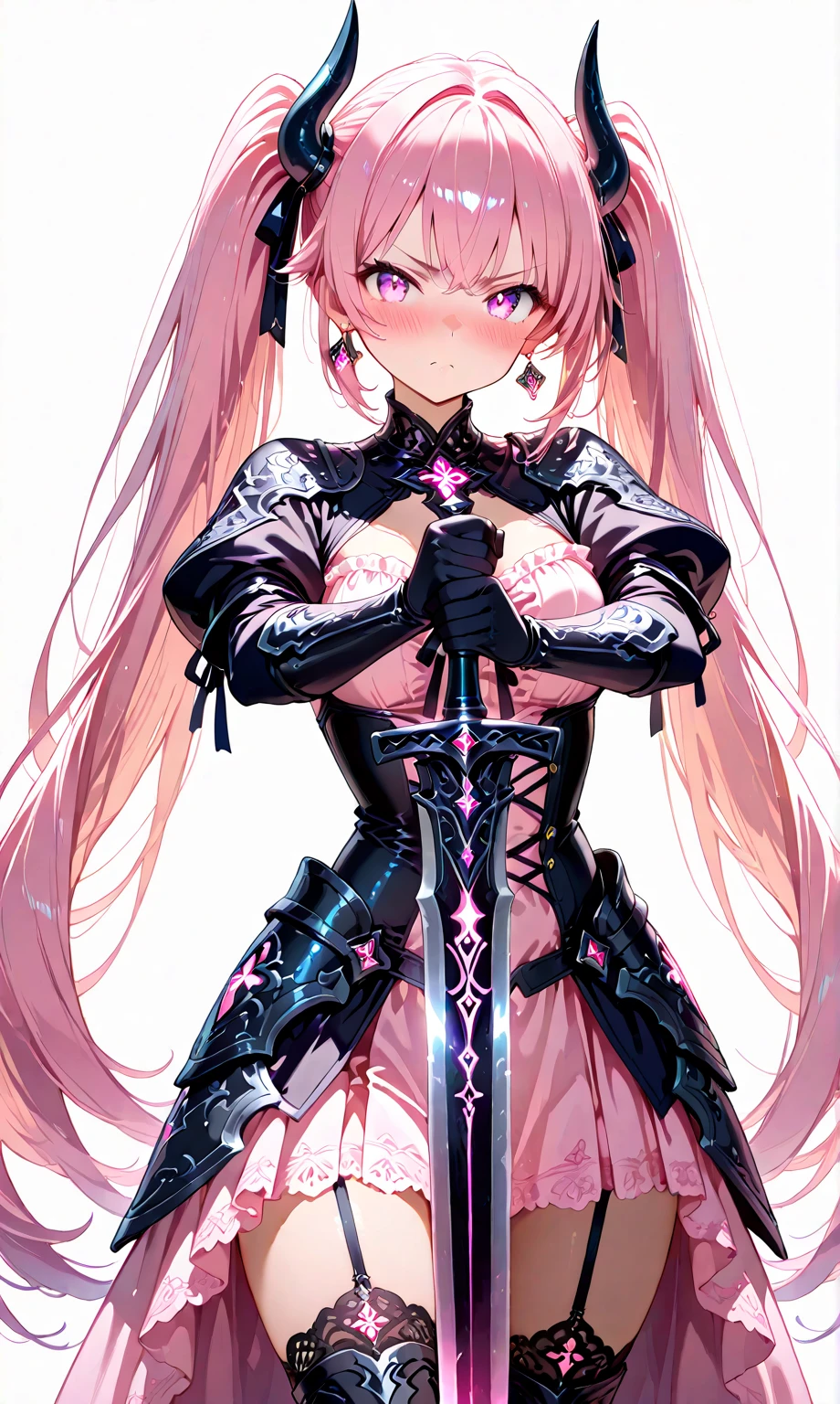 1girl, anime, cute girl, blank background, white background, fantasy, detailed fantasy dress with highlights, beautiful face, beautiful eyes, dark colors, pink hair with some streaks of blue strands, different color pupil in eye, medium small breasts (slightly big), slight cleavage, beautiful skin, cute, breast curtains, extremely delicate and beautiful, (beautiful detailed face:1.0), (detailed deep eyes), symmetrical breasts, deep eyes, shiny skin, portrait, slender waist, hips wider than shoulders, thighs, expressionless, young girl, luminous eyes, adorable,(Kpop idol),(aegyo sal:1),(Platinum blonde hair:1),((puffy eye)),Black panty,sexy posture,Superskirt, ultra high resolution,Black collar,slim figure, Abdominal y tattoo, womb tattoo,Tight-fitting leg ring,y tattoo on half-body,Bare skin, Armored hand,Hidden fingertips,Hand covered,Arm covered,Fist covered,{{beautiful detailed fingers}}, tufts of hair, moderate beautiful breast:1.0,