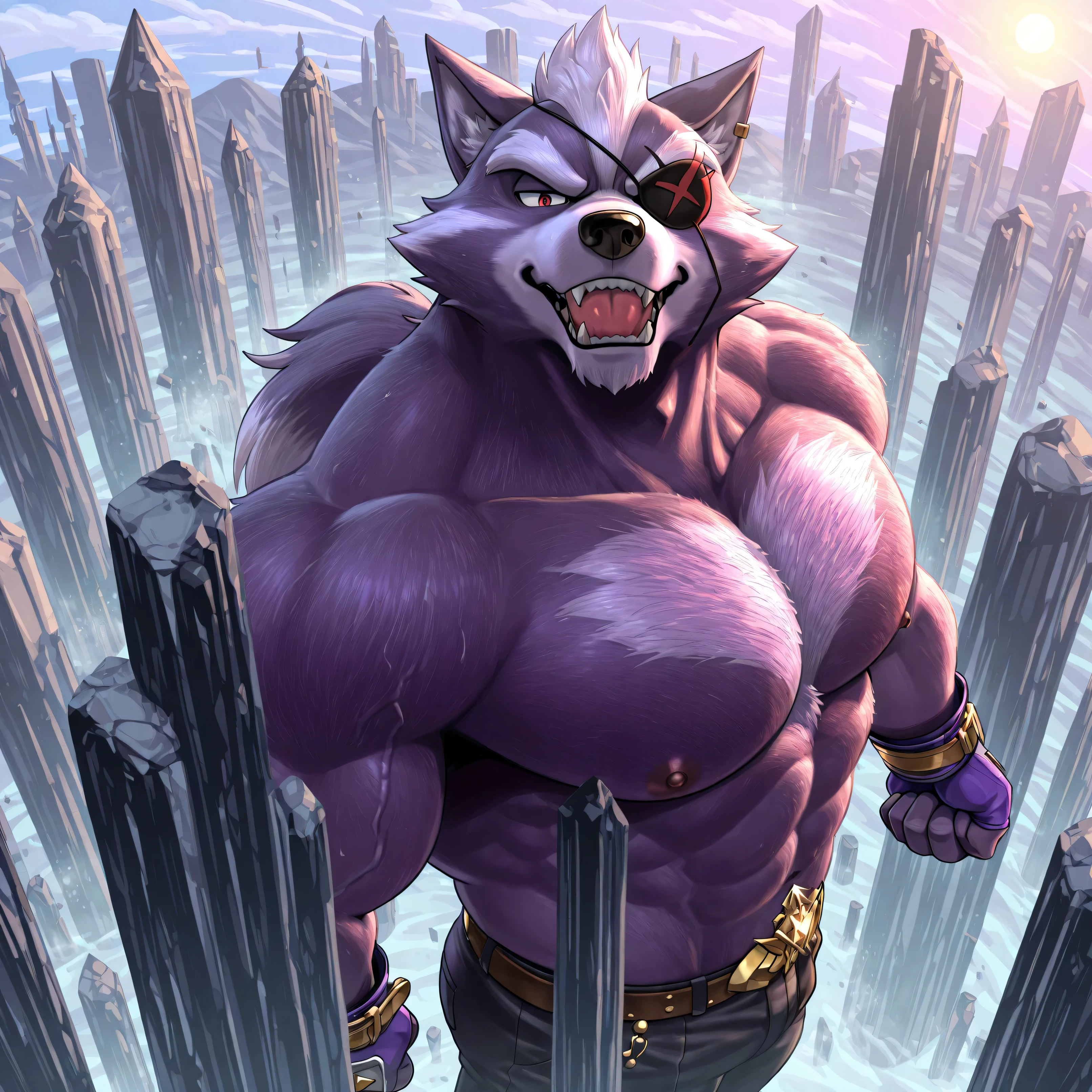 Wolf O'Donnell, Red Eye, Right Eyepatch, Purple Fingerless Gloves, Gold Buckle, pants, half body, arms crossed, shirtless, stern face, looking at viewer