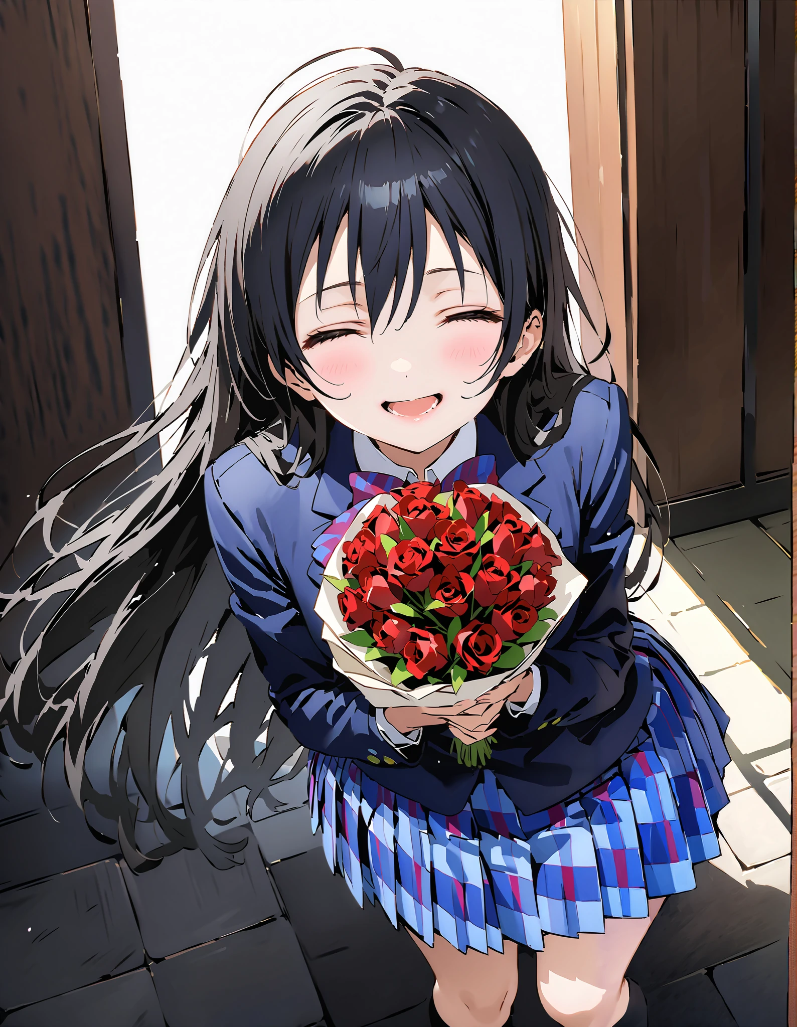 score_9, score_8_up, score_7_up,  source_anime,  Sonoda Umi  , Alone,long hair, bungs, Between the eyebrows, Green Hair,long straight hair, school uniform, jacket, blazer from above the bar,Skirt, black high socks, Winter uniform, otonokizaka school uniform,is standing,Holding a bouquet in both arms, both eyes,big smiles,smile,blushes,open their mouths,white plain background:1.3,
break (masterpiece:1.2), top quality, high resolution,  Unity 8K Wallpaper , (illustration for both eyes:0.8), very detailed face,  perfect lighting, extremely detailed CG, (perfect hand, perfect anatomy),