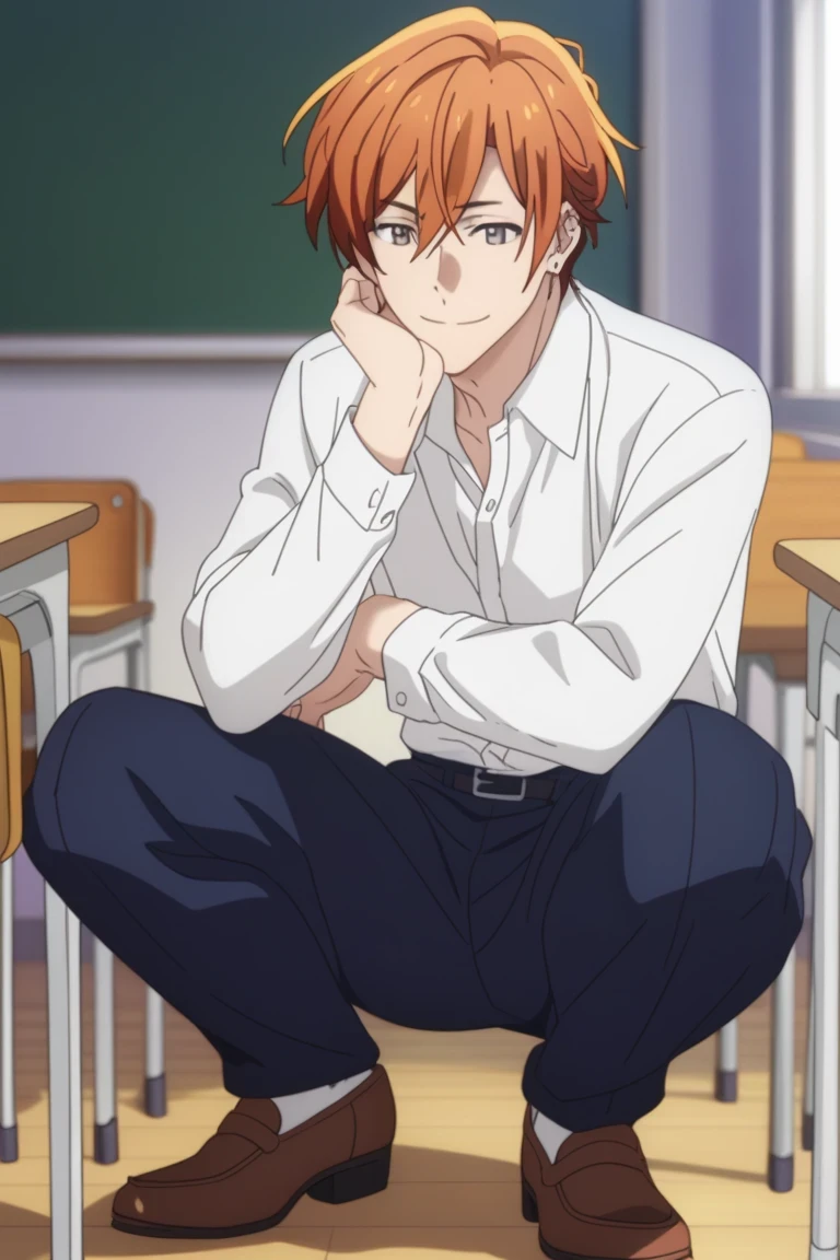 man, un man, short hair, orange hair brown eyes , navy blue school pants, white school dRess shiRt, Arrogant smile, squatting posture, En cuclillas, in a classroom, Sitting on the classroom floor, Anime by Sasaki Shummei, squatting posture