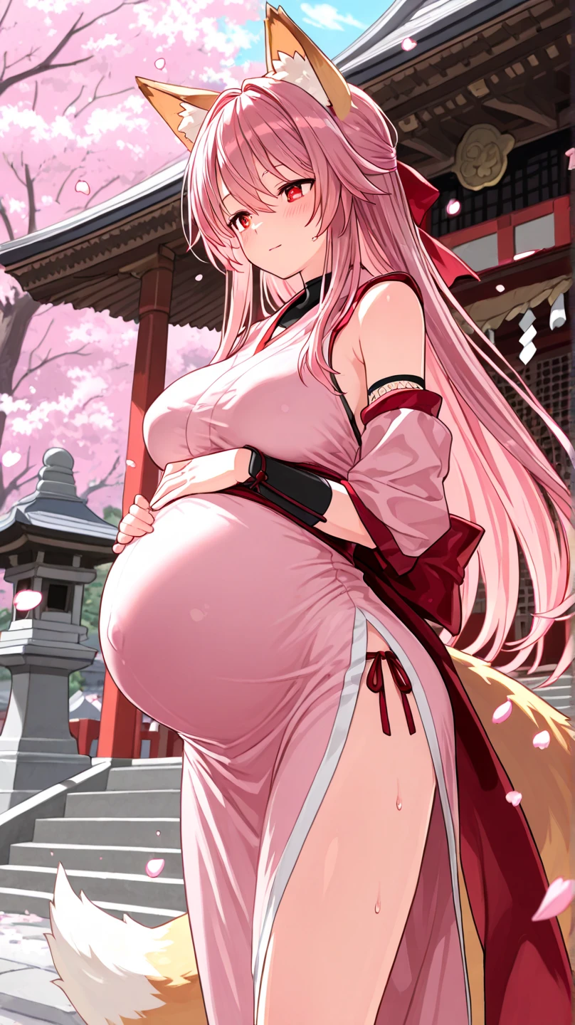 masterpiece, best quality, highres, miko1, sakura_miko, 1girl, big_boobs, solo, ahoge, x_hair_ornament, pink_hair, floral print, hairclip,(side_less_clothes:1.5), (side_boobs:1.5), hair_bell, floral print, long_hair, hair between eyes, one side up, white thighhighs, asymmetrical legwear, wide sleeves, open_mouth,(happy:1.3),gleen_eyes,big_smile,(rise_leg:1.3),plump,apart_legs,(overly_long_sleeves:1.3),),sleeves_past_wrists,hands_hidden_sleeves,sidelock_clothes,dynamic_posing,solo,hidden_wrists,(XD:1.4),covered_nipples,sunlight,cherryblossom_temple_landscape_background, Pregnant.