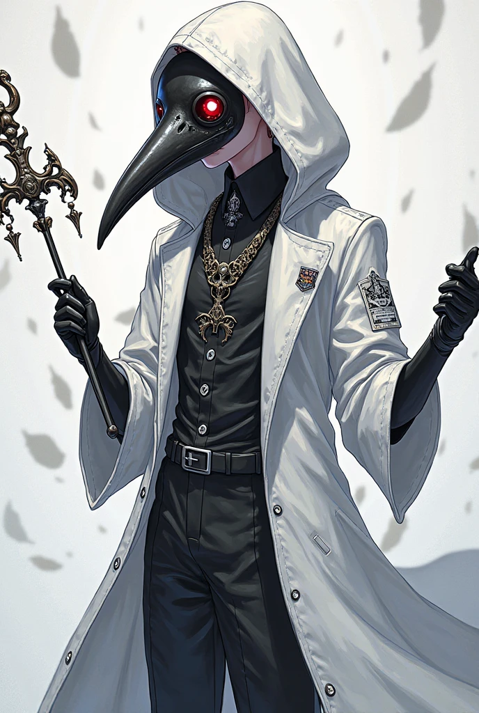 Japanese mythology, Making a Tengu, Long nose red mask, Thin and long nose, 8K, Ultra-realism, Cinematic,I'll wear a white coat,