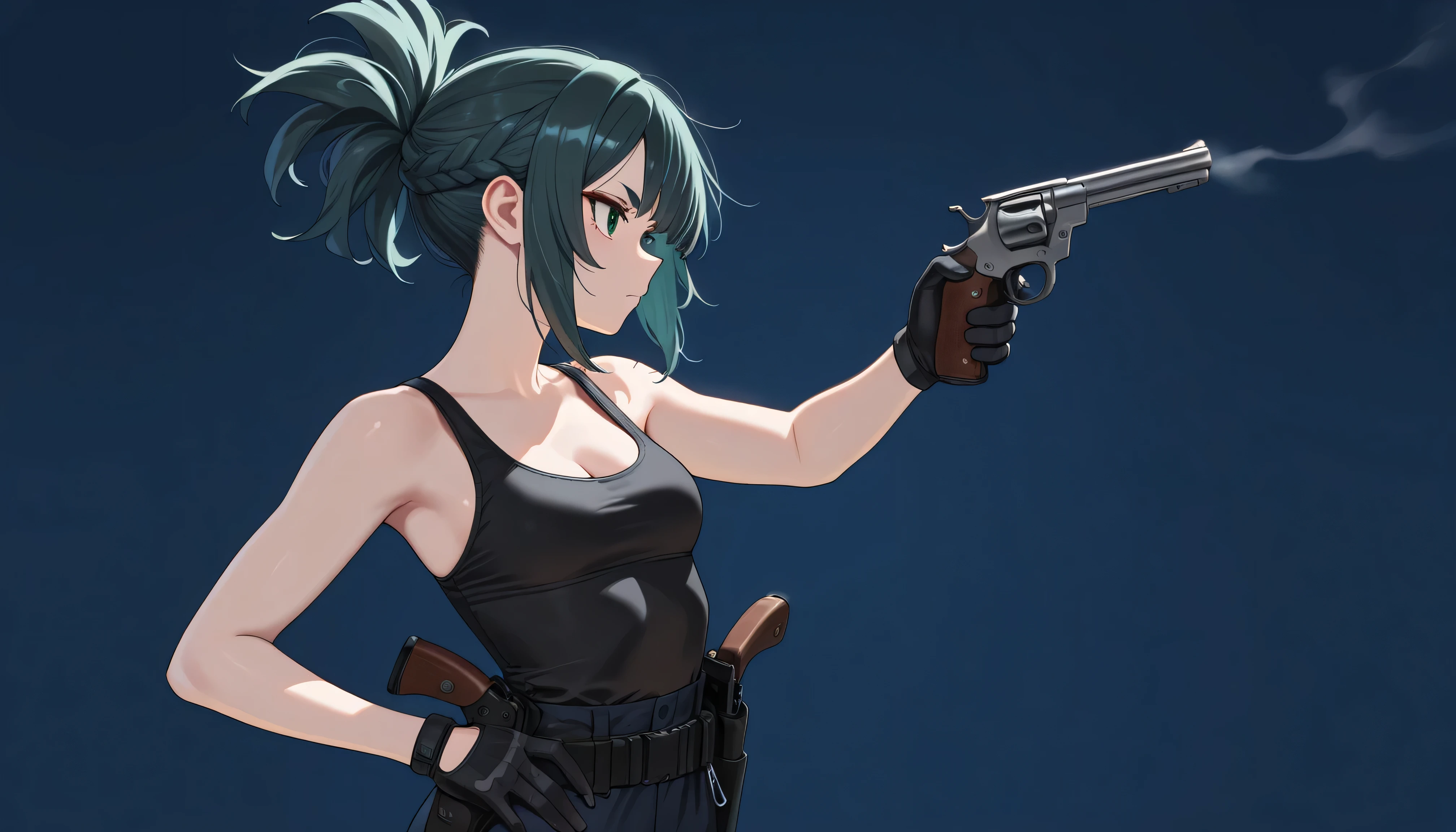 ((masterpiece, best quality, amazing quality, very aesthetic, newest, realism, hyper-detailed, beautiful, cinematic)) 1girl, a bit small breasts, solo, dark blue background, navySpiky Hairstyles, black tank-top, look away, lifting a revolver, gun holster on her body, Spiky Hairstyles, upper body, bare shoulders, black gloves, cleavage, simple background, dark green eyes, closed mouth, navy hair, thin eyebrows, shot from head to hips, dark blue tactical long pants, angry face, Fantasy_eyes