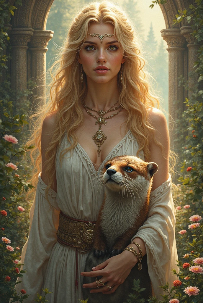 Long blonde hair, noble clothes, princess robes, beautiful woman, laughing, burnt yellow dress, tight white blouse, golden belt, lilac blouse, large breasts, curvy woman, thin waist, thick legs, female boots of burnt yellow color, golden necklace, light blue colored eyes, burnt yellow skirt, forest with animals, fantastic creatures around, fantasy scenery.