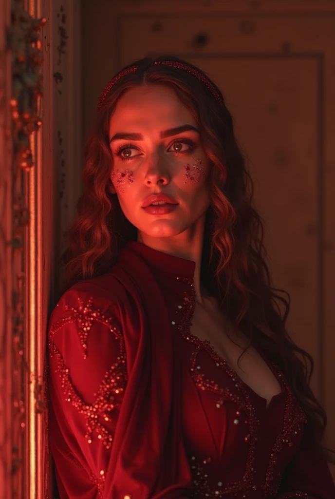 8k uhd, by Alessio Albi, dusty particles depth of field, by_Brandon_Woelfel, a full body portrait of a person wearing a choker nekclace, Bruna Marquezine, escort dress chic, escort fashion, pole dancer fashion, hourglass figure, dark red light rays, shot on anamorphic lenses, photo of a model, 2007 blog, looks a bit similar to amy adams, kristanna loken, tom burke, translucent skin, circa 1970, feminine beautiful face, Dusty appearance, detailed, intricate, evening ambience