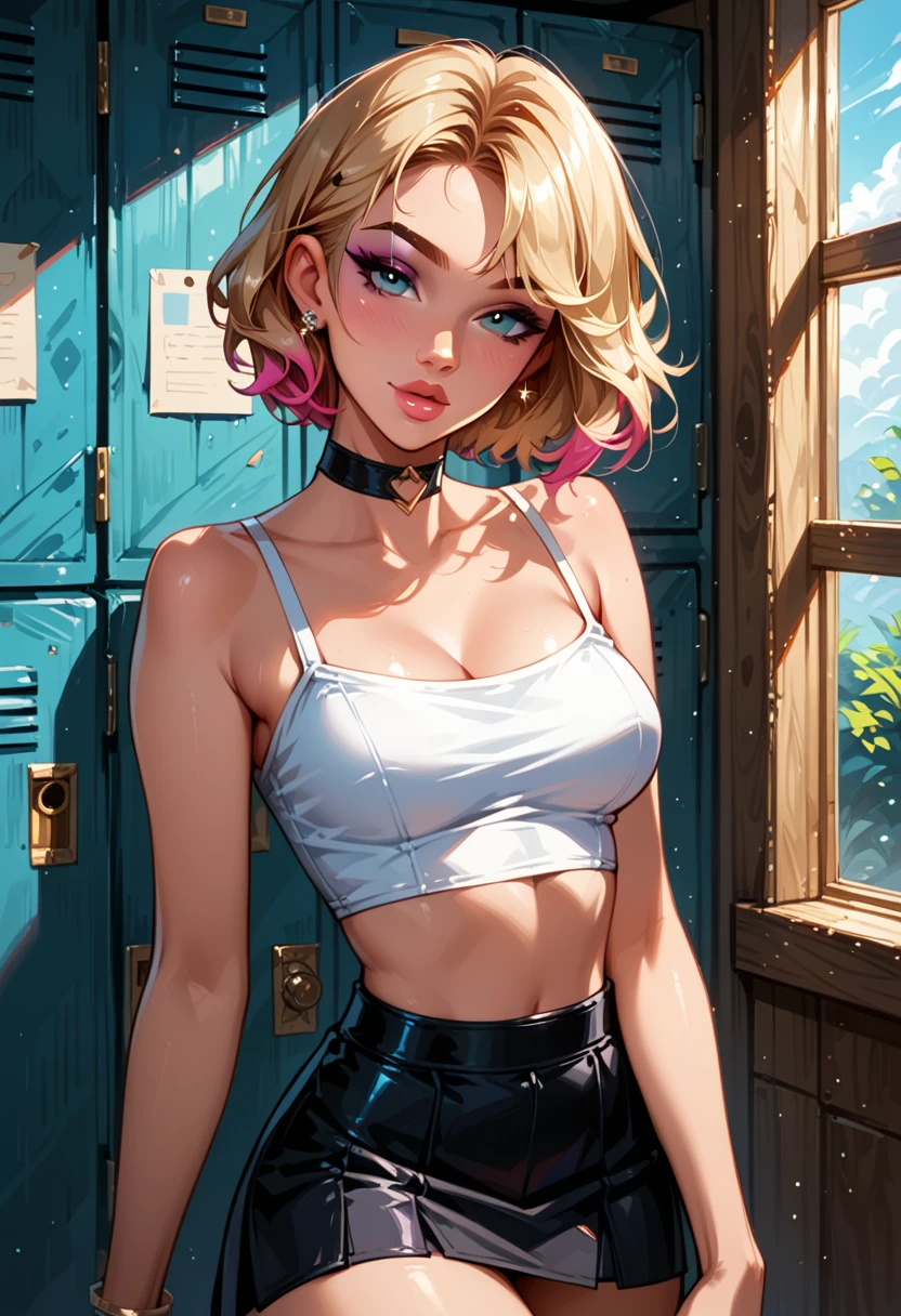 (Superflat, Flat Shading, flat-colors:1.1)、(Magazine Cover)、Illustrations、(Beautiful platinum blonde hair、short-hair、American boyish girl)、crotch open、Smiling、Draw so that the crotch cloth of the beige underwear is visible.、Skirt flipping、((Torn and tattered denim skirt、Beige panties))、Choker、When I look through the viewfinder、A bracelet、Thigh strap、Body Painting、Head tilt、8K resolution、intricate clothing、Intricate details、1girll、Solo、a blond、Standing、Cowboy Shot、Arms at sides、a miniskirt、Detailed panties、((from behind、hindquarters、heart cutout、hip incision))、Volumetric lighting、Soft light、Bright、neons、Vibrant colors、watercolor paiting、