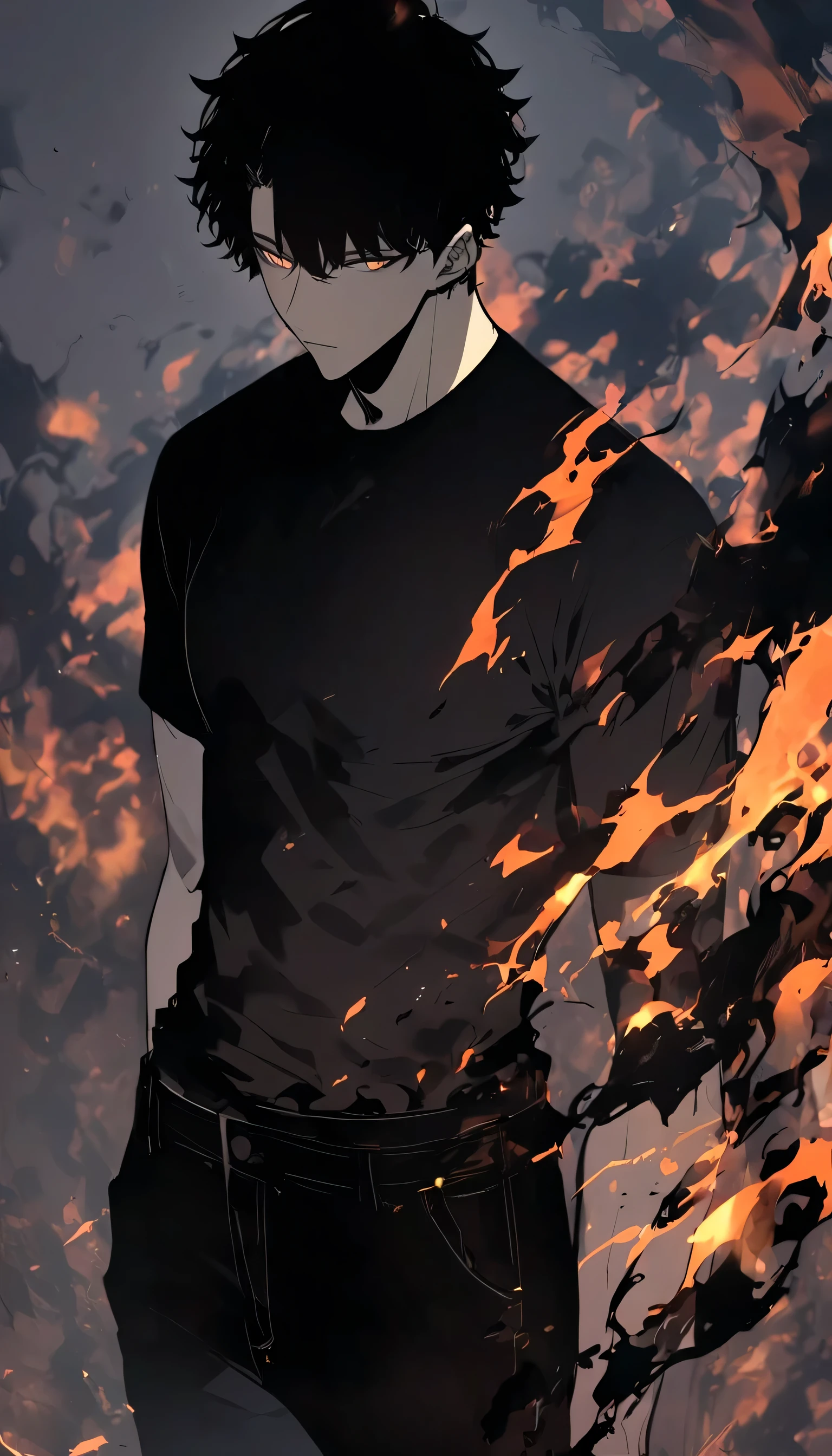 Handsome, lightly muscular, alone, male, Short hair,, black hair, black orange odd eye, black t-shirt, black pants, black flame