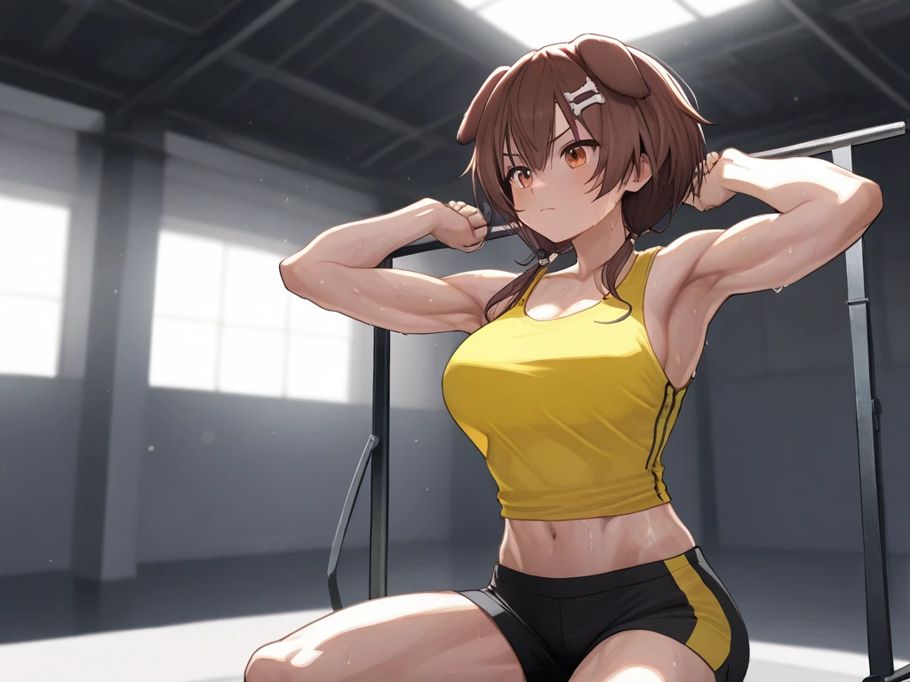 aston machan\(umamusume\), ((ultra-detailed face)), symmetrical face, beautiful face, masterpiece, best quality, sports bra, horse tail, seriously, sweat, gym, slender, muscle, abs, large tits, dumbbell
