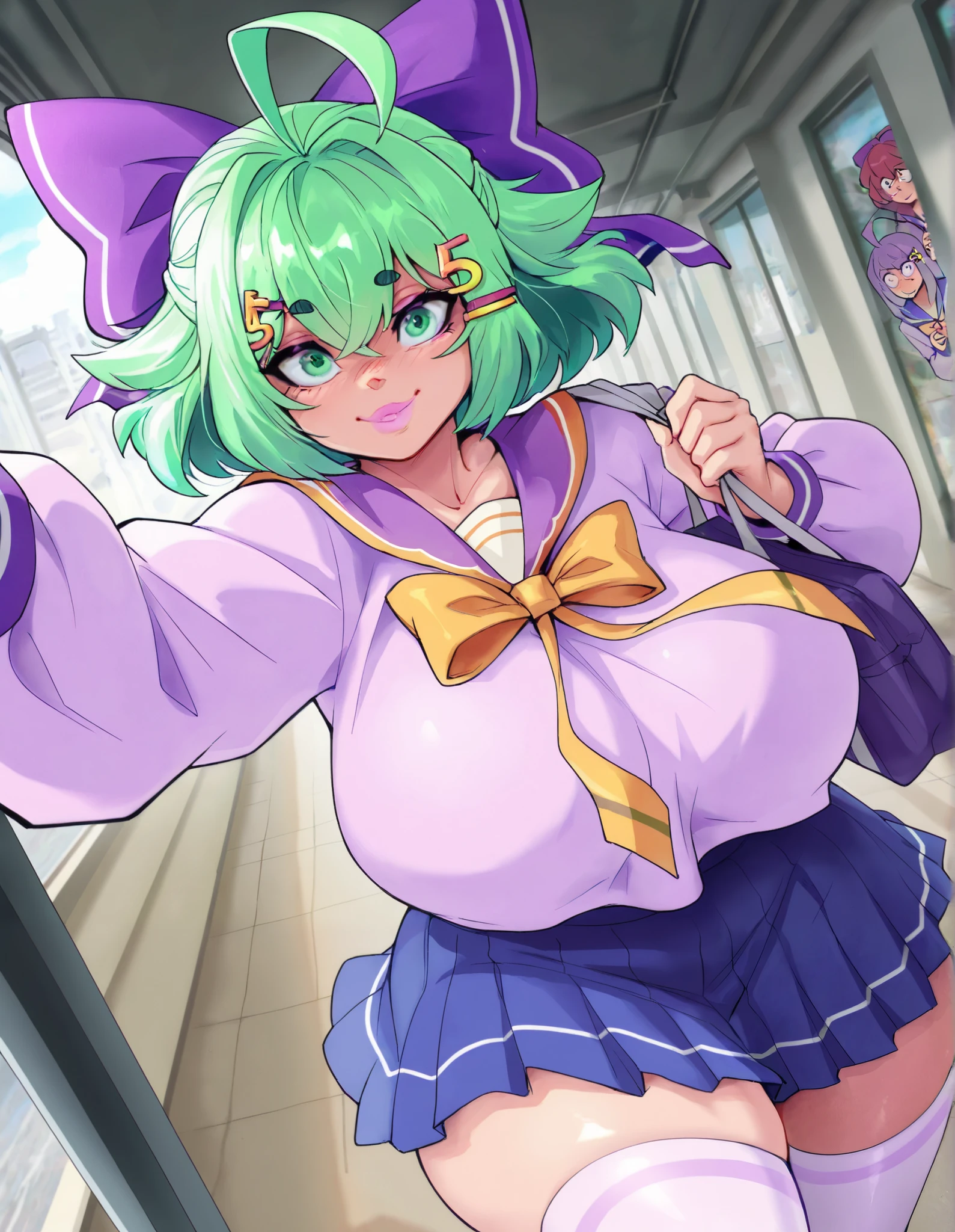 Score_9, Score_8_up, Score_7_up, (Best Quality), (super detailed), ( masterpiece, Best Quality:1.3), 1 woman with an umbrella, aldult, masterpiece, Best Quality, there is nothing there, HD, Details 1girl,Japanese cartoon, 成Mature Woman性, interior, Smile, age 30 - 40 ,Curvy Beauty, plump,Gentle, Big Breasts, Rift, prominent lips , Mature face,Mature Woman, Mother, ,green short hair, green eyes, purple bow headdress, Hairpin, purple and sailor collar, sailor uniform, blue pleated skirt, white stockings, Girl with green hair accessory, Ahog / scattered hair, M fringe / M shaped bangs green short hair, green eyes, purple bow hair accessory, Hairpin. Hair bow voluptuous, voluptuous female, watching the audience, high resolution, 8,000, 4K, high detail, Detailed bangs, Thick hair , high detail face, high detail eyes, delicate lips , dynamic lens, dynamic angle, Small nose, Eiga,,ahoge / stray hair,M-shaped fringe / M-shaped bangs Short green hair, green eyes, purple bow headpiece, barrette. Hair bow voluptuous, voluptuous female, looking at viewer, high resolution, 8k, 4k, high detail, detailed bangs, detailed hair, high detail face, high detail eyes, detailed lips, dynamic shot, dynamic angle, small nose, eigaka