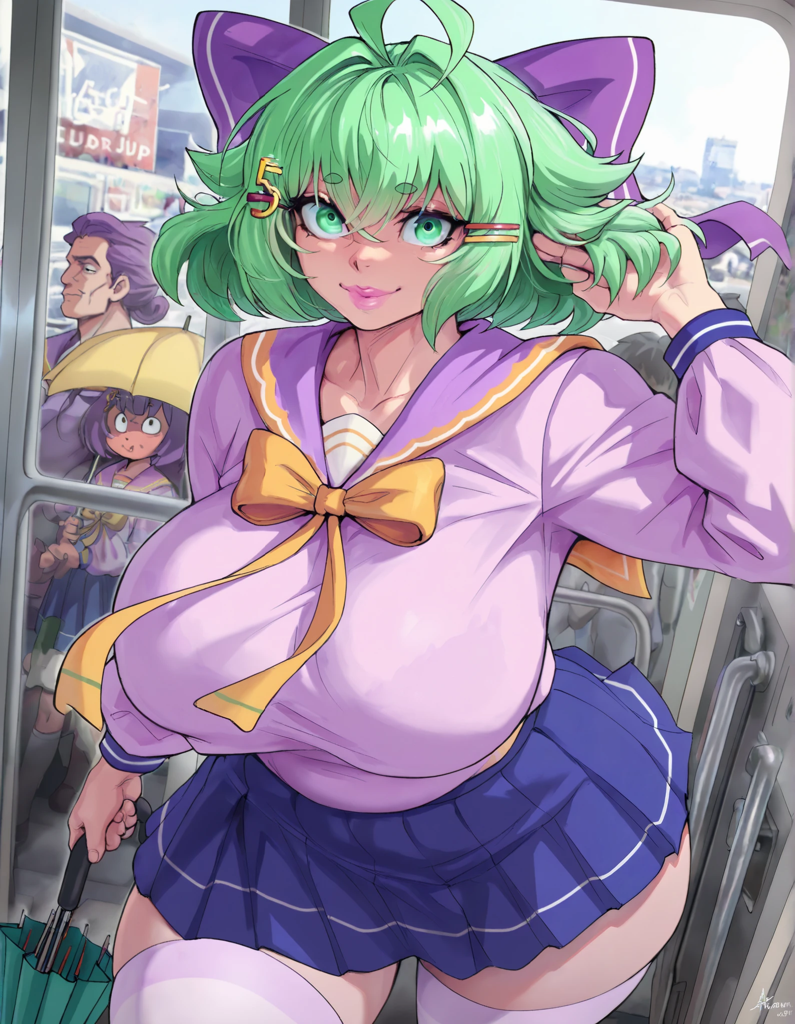 Score_9, Score_8_up, Score_7_up, (Best Quality), (super detailed), ( masterpiece, Best Quality:1.3), 1 woman with an umbrella, aldult, masterpiece, Best Quality, there is nothing there, HD, Details 1girl,Japanese cartoon, 成Mature Woman性, interior, Smile, age 30 - 40 ,Curvy Beauty, plump,Gentle, Big Breasts, Rift, prominent lips , Mature face,Mature Woman, Mother, ,green short hair, green eyes, purple bow headdress, Hairpin, purple and sailor collar, sailor uniform, blue pleated skirt, white stockings, Girl with green hair accessory, Ahog / scattered hair, M fringe / M shaped bangs green short hair, green eyes, purple bow hair accessory, Hairpin. Hair bow voluptuous, voluptuous female, watching the audience, high resolution, 8,000, 4K, high detail, Detailed bangs, Thick hair , high detail face, high detail eyes, delicate lips , dynamic lens, dynamic angle, Small nose, Eiga,,ahoge / stray hair,M-shaped fringe / M-shaped bangs Short green hair, green eyes, purple bow headpiece, barrette. Hair bow voluptuous, voluptuous female, looking at viewer, high resolution, 8k, 4k, high detail, detailed bangs, detailed hair, high detail face, high detail eyes, detailed lips, dynamic shot, dynamic angle, small nose, eigaka