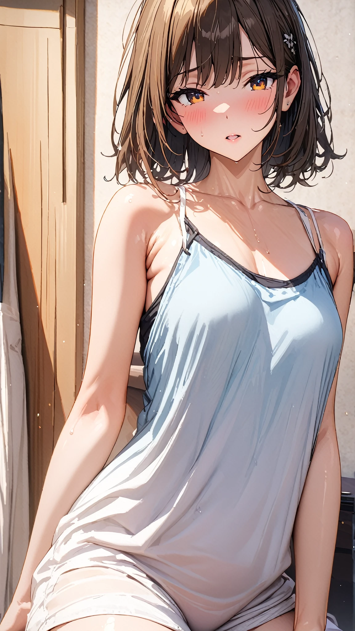 masterpiece, best quality, high resolution, UHD, RTX, pixel perfect, depth of field, 4k, highly detailed, 1 girl, single, solo, beautiful anime girls, beautiful art style, anime characters, short hair, glasses, open bangs, middle hair bangs part, dark red hair, black eyes:1.4, round eyes, beautiful eyelashes, realistic eyes, detailed face, blush:1.2, fine texture:0.75, realistic texture:0.65, photorealistic:1.1, CG anime style, bright color, small breasts, cleavage, busty, dynamic angle, perfect body, POV, dynamic pose, looking at the viewer, lingerie, short jeans, fashionable handbag, 1 diamond necklace, hoop earrings, shy smile, tsundere, mall , stand, ((hd armpits)), ((super detailed armpits)), sweaty, ((close up armpit)), ((hairy)), wet armpits , exposing breasts, nipple
