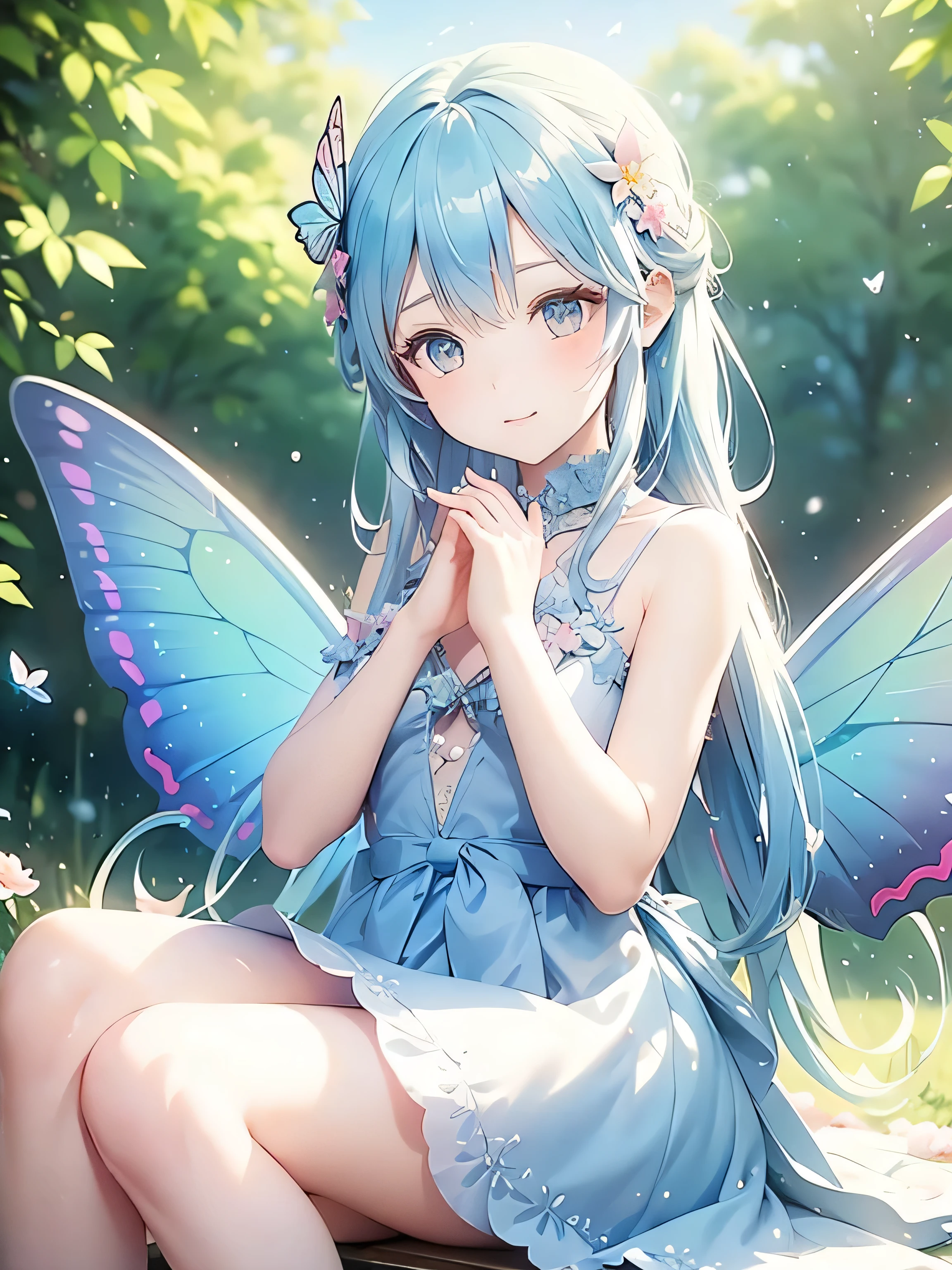 (masterpiece、最high quality、最high quality、Official Art、美しくbeautiful:1.2)、(One girl:1.3)Hatsune Miku、Twin tails,Beautiful breasts,(Exquisite, beautiful, Very detailed, masterpiece, High resolution,high quality,High resolution),(Well-formed face,Soft and thin lines: 1.2, beautiful, Delicate and vivid illustrations with a mature and clear feel) ,(A princess with butterfly-like fairy wings、I'm holding a flower I picked in a flower field under a big rainbow。, sun, and a beautiful blue sky.), ((Ultra Wide Shot, Ultra-wide field of view,whole body)) ((fun, looks fun,smile,full of energy)), (Corolla, Earrings, beautifulチョーカー,), ((pastel colourのボールガウンドレス, Balloon sleeve,Fairy wings from the back)), (dark pink cheeks、Plump pink lips,Large buses, Fair skin, Good style), (Light of sun, pastel colour, Bright atmosphere, colorful, Bright colors,Fantasy),