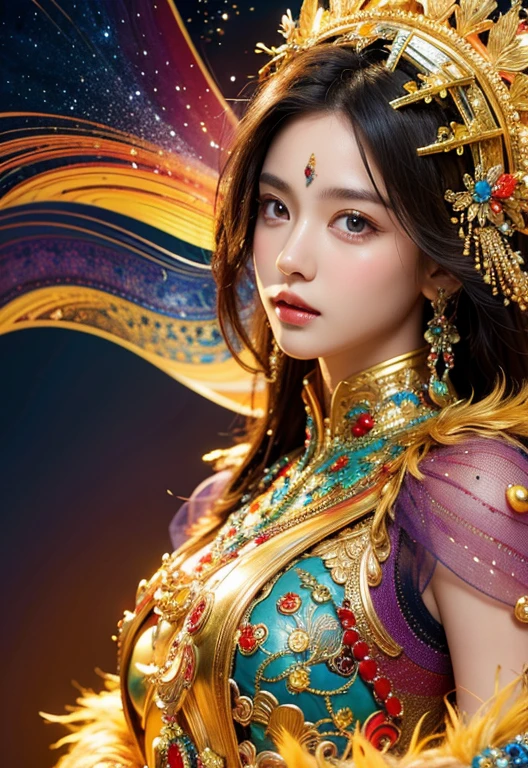 (masterpiece、Masterpiece、top-quality、top-quality、Official art、Beautifully Aesthetic:1.2)、(1girl in:1.3)、ighly detailed、(Fractal Art:1.1)、(colourfull:1.1)(florals:1.3)、highestdetailed、(Zentangle:1.2)、(dynamicposes)、(Abstract background:1.3)、(Chinese Traditional Cloth:1.2)、(shinny skin)、(Many colors:1.4)、、(Golden earrings:1.4)、Colossal tits、 are protruding、nipples are protruding、Glossy skin々、It's shiny。