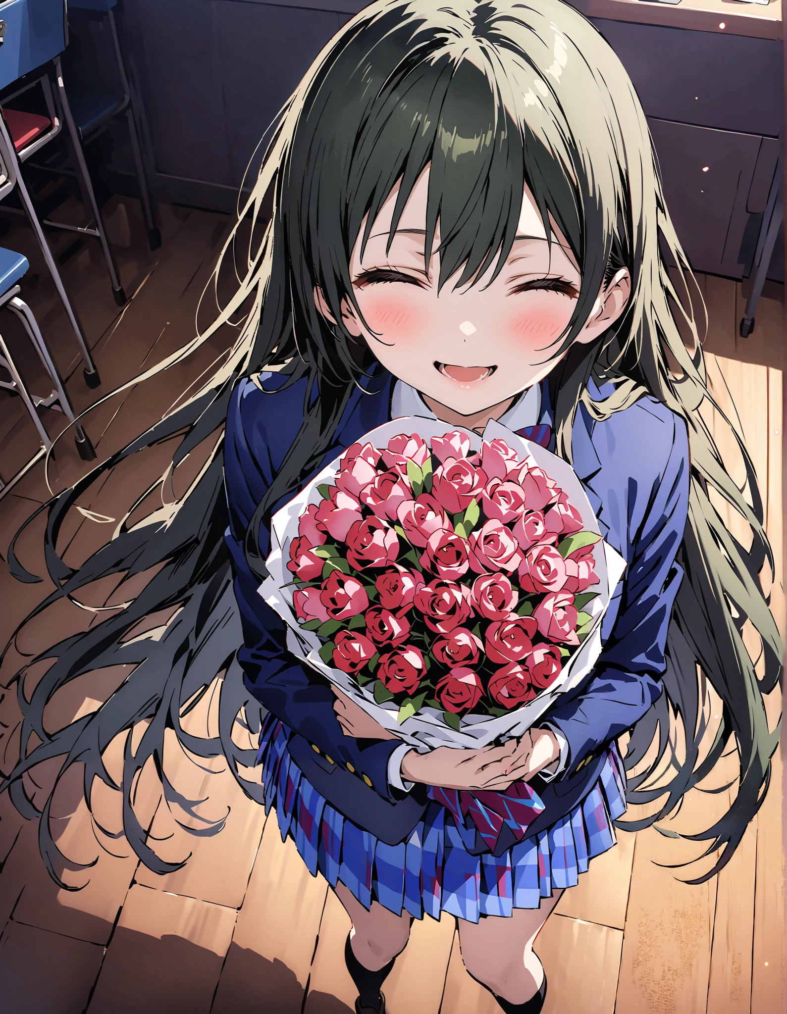 score_9, score_8_up, score_7_up, source_anime, Sonoda Umi , Alone,long hair, bungs, Between the eyebrows, Green Hair,long straight hair, school uniform, jacket, blazer from above the bar,Skirt, black high socks, Winter uniform, otonokizaka school uniform,is standing,Holding a bouquet in both arms, both eyes,big smiles,smile,blushes,open their mouths,machine,chairs,machineの上にバースデーケーキが置いている,break indoors, classroom,
break (masterpiece:1.2), top quality, high resolution, Unity 8K Wallpaper , (illustration for both eyes:0.8), very detailed face, perfect lighting, extremely detailed CG, (perfect hand, perfect anatomy),