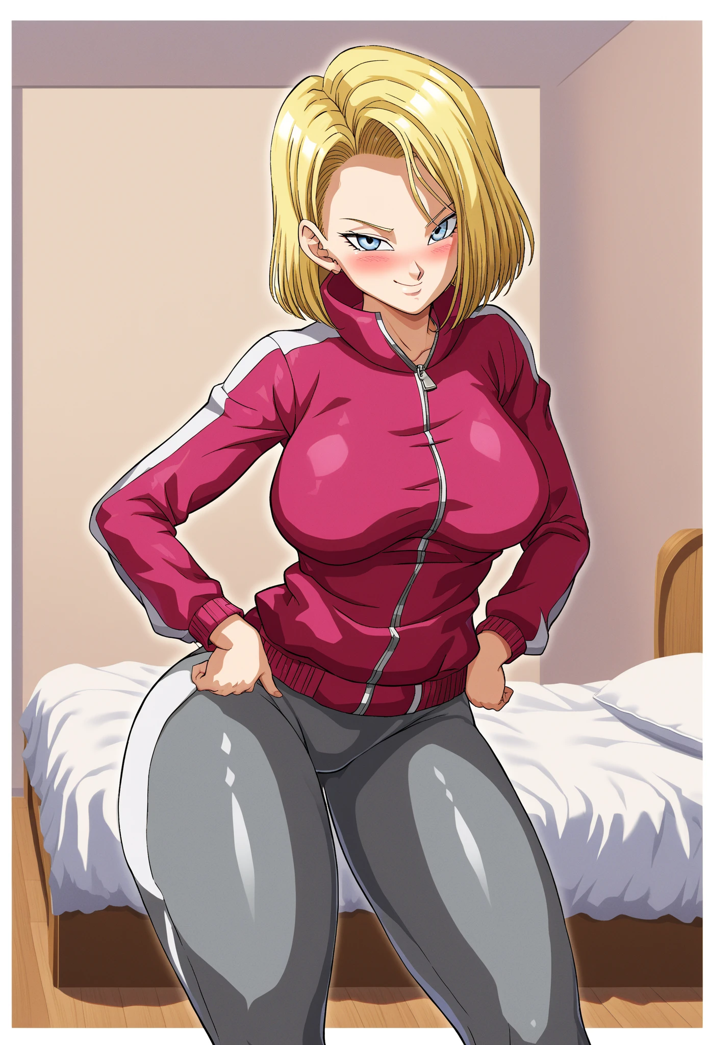 Big tits girl Dragon Ball Android 18 Frequently See Through Blue Tight Pink Sweater Sitting Seductive Sitting I am smiling tempt a man