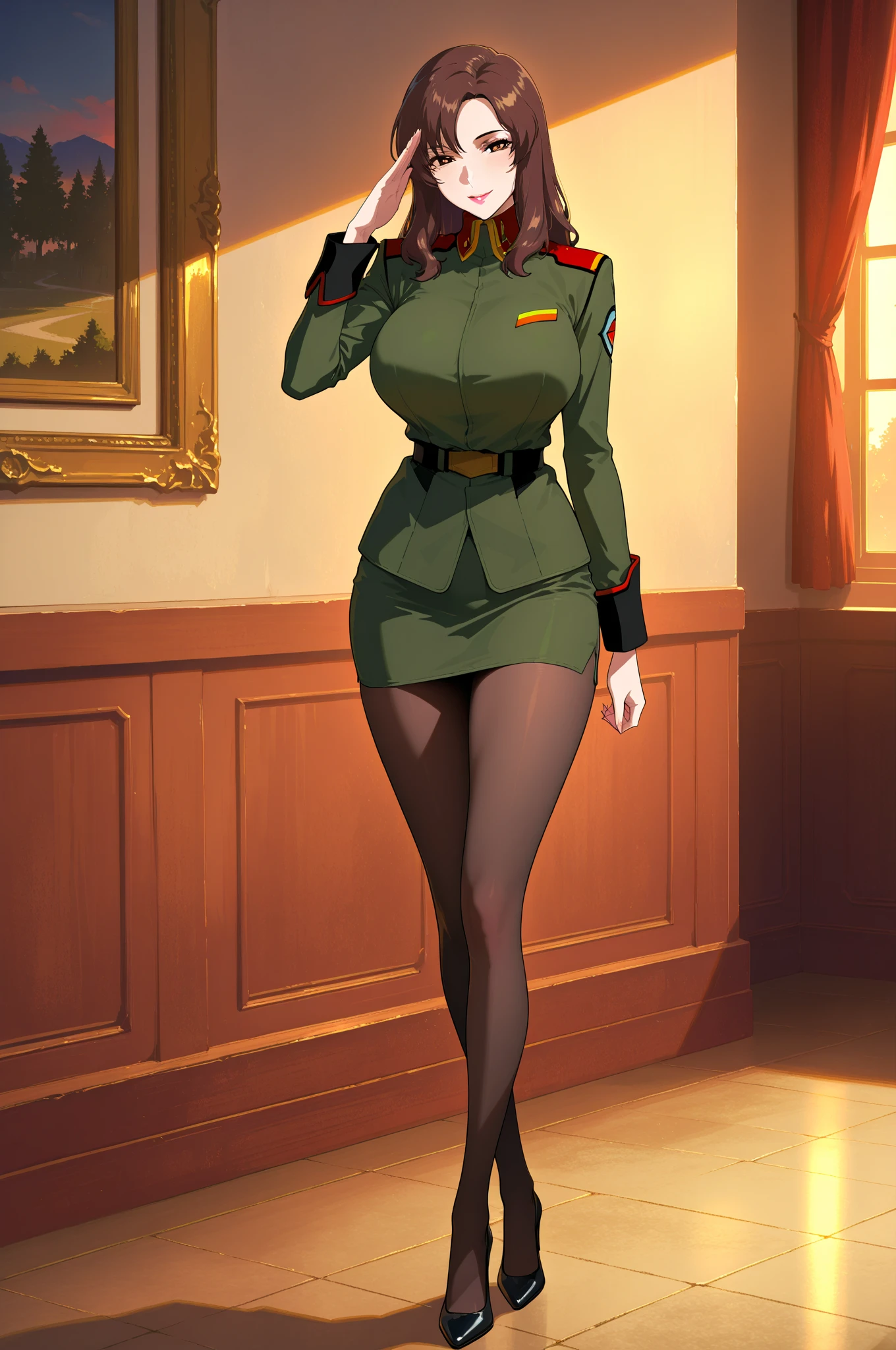 front view,
one woman,mature woman,milf,big breasts,thin waist,wide hips,looking at viewer,standing,high heels,pencil skirt,mini skirt,pantyhose,seductive smile,long legs,slender legs,salute,
best quality,masterpiece,soft light,official art,high quality,high resolution,absurd dress,epic scene,natural texture,Malle Calm,brown hair,brown eyes,long hair,lipstick,makeup,military,military uniform,