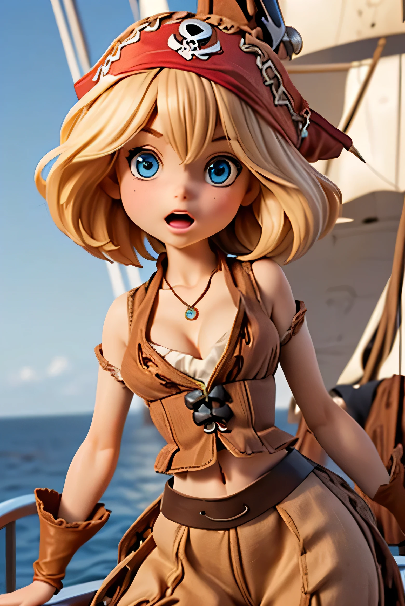 ((((Very tiny cute hyperrealistic girl)))), ((())), (((red cap))), (((round face))), (((blond hair))), (((blue eyes))), ((very tiny breast)), (((((very tiny body:1.9))))), (((medium hair))), ((((relm arrowny:1.7)))), ((open mouth)), ((cute big lips)), ((((close-up)))), ((necklace)), (((smooth arms and legs))), (((short red ellbow sleeves)), ((shocked)), ((very small arms and legs)), ((())), ((())), ((((red tunic)))), ((midriff peek)), (((cleavage))), ((bending over)), ((((red relm arrowny outfit:1.3)))), ((young looking))), ((((short body)))), ((((pirate)))), ((((on a ship)))),