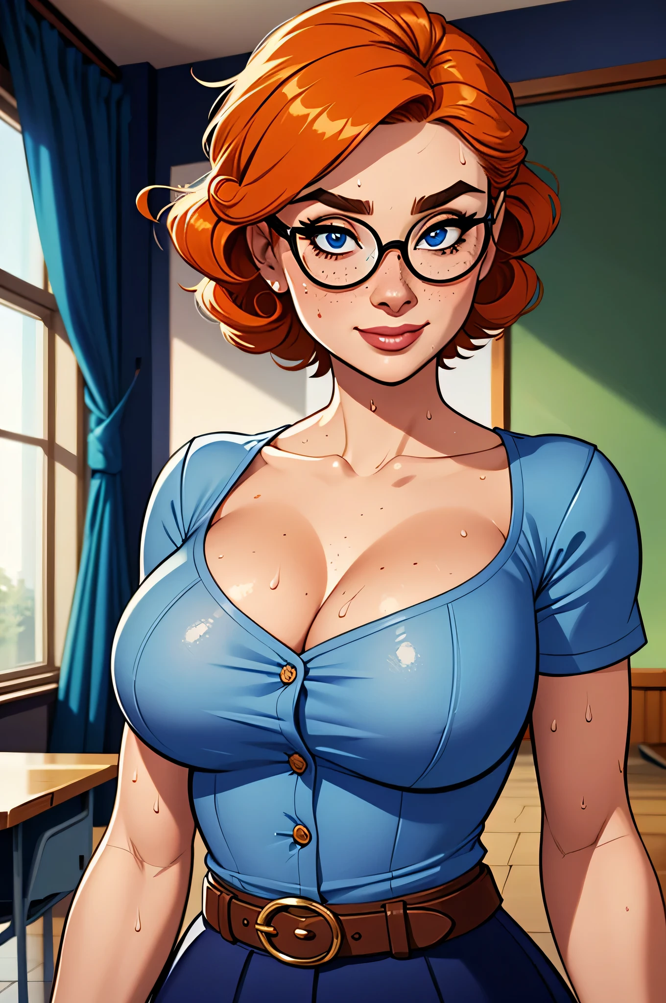 underwear, off shoulder, selfie, long ginger hair, ((huge breasts)), margot robbie, freckles, petite, glasses, pubic hair, sexually suggestive, embarrassed, shy, full-face blush, blush, nose blush,, 1girl, masterpiece, best quality, perfect face, perfect eyes, intricate details, highly detailed