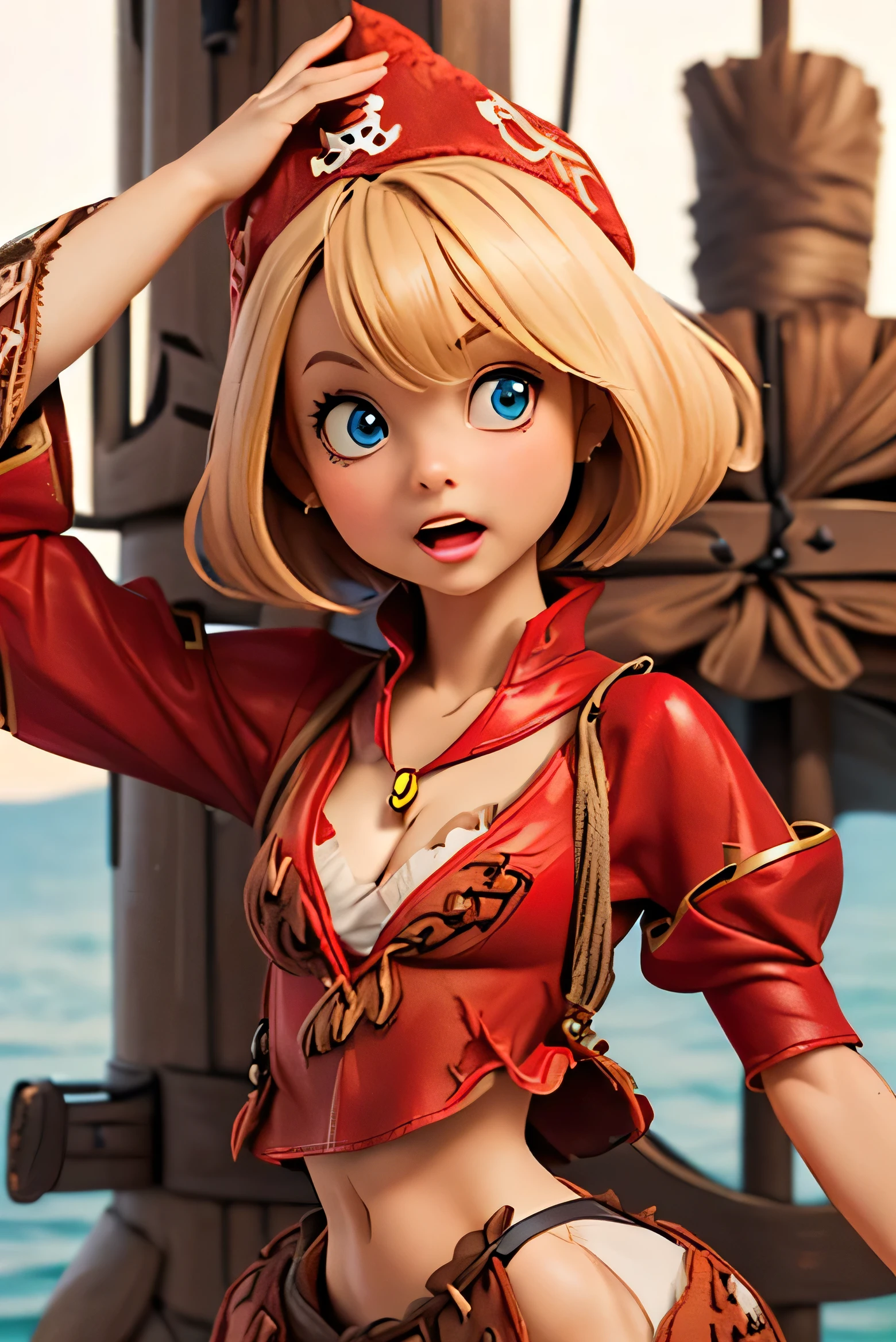 ((((Very tiny cute hyperrealistic girl)))), ((())), (((red cap))), (((round face))), (((blond hair))), (((blue eyes))), ((very tiny breast)), (((((very tiny body:1.9))))), (((medium hair))), ((((relm arrowny:1.7)))), ((open mouth)), ((cute big lips)), ((((close-up)))), ((necklace)), (((smooth arms and legs))), (((short red ellbow sleeves)), ((shocked)), ((very small arms and legs)), ((())), ((())), ((((red tunic:1.6)))), ((midriff peek)), (((cleavage))), ((bending over)), ((((red relm arrowny outfit:1.3)))), ((young looking))), ((((short body)))), ((((pirate)))), ((((on a ship)))),