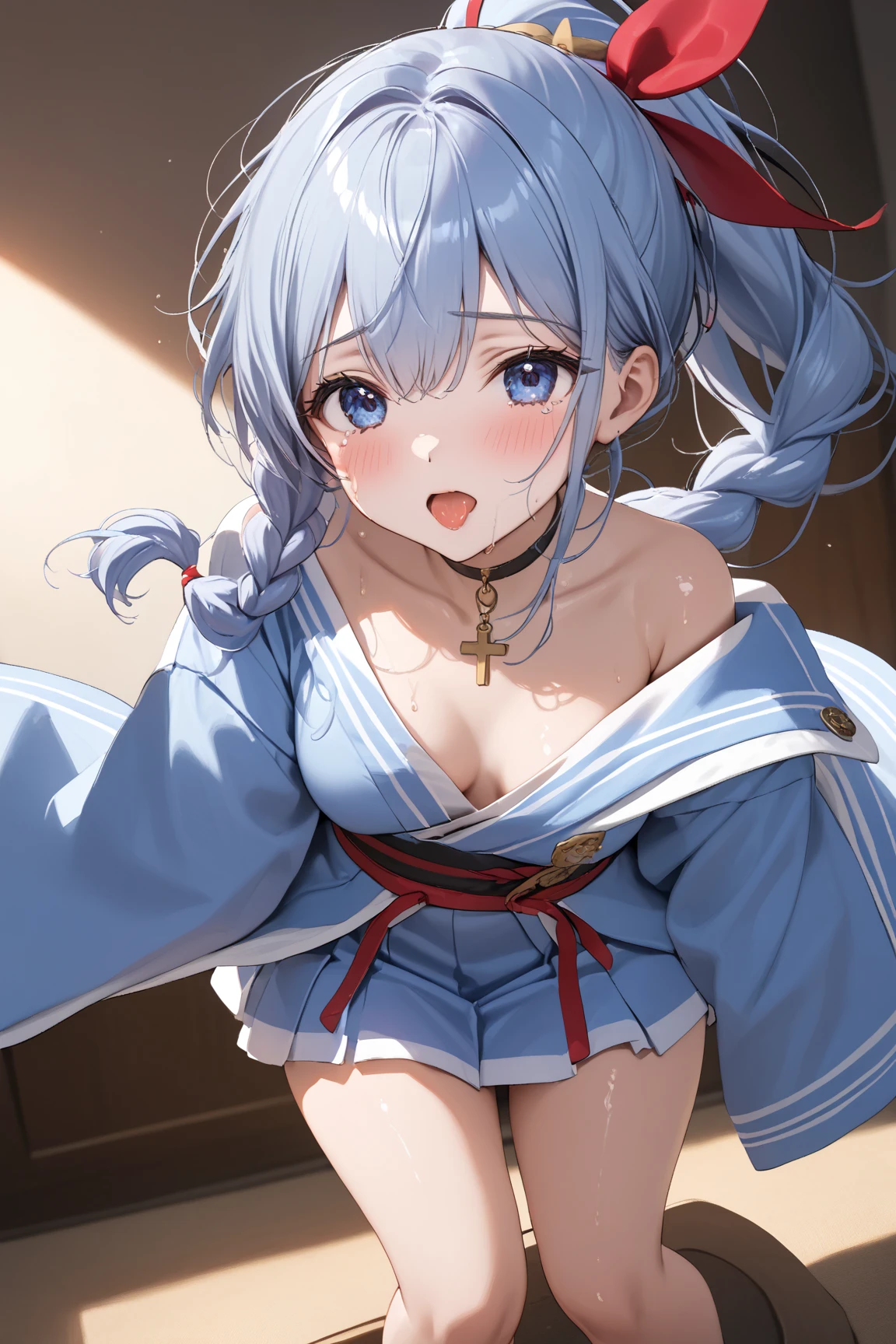 NSFW,sidefellatio,blow job,From Side,1boy,,,bared  chest,​masterpiece, top-quality, The ultra-detailliert, Anime coloring, 2D, animesque, length hair,Blue eyes,Long blue hair,middlebreasts,one girls, hair adornments, hair ring shirt:1.1), length hair,green bow, Detached sleeves, bare shoulders​, a blue skirt, :o, red blush)