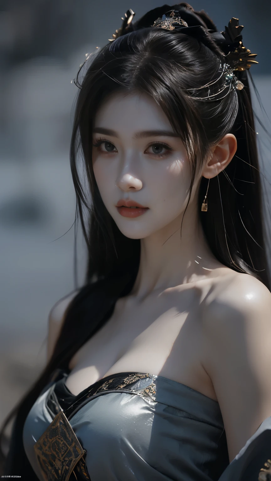 masterpiece,[game art, Best Picture Quality ,highest resolution,【8k,(portrait),Fantasy Engine 5 Rendered Artwork,(digital photography),((portrait Feature:1.5)),
20 year old girl, Short Hair Detail ,Have long bangs,( Red-eye makeup Very fine ),( Long gray hair left :1.4),( large , Full breasts),Elegant and Noble ,Brave charm ,
(future armor combined with the characteristics of ancient Chinese armor, Hollow Design ,Powered Armor, Mysterious oriental runes , Exquisite dress pattern , Magic flash ), Future Warrior, Cyberpunk Character ,war background,
movie lights, light tracking ,Game CG,(( 3D Fantasy Engine )), OC Rendered Reflective Pattern