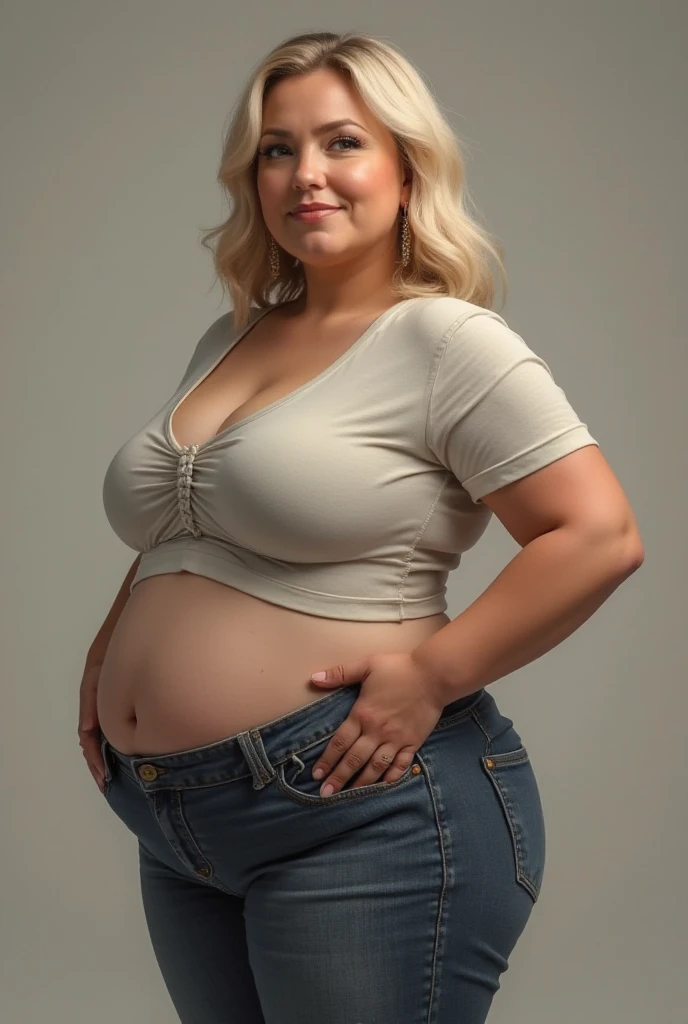 blonde, cute face, curfy body, belly, jeans, black crop-top, fully left side view, bloated, hand on her belly, realistic