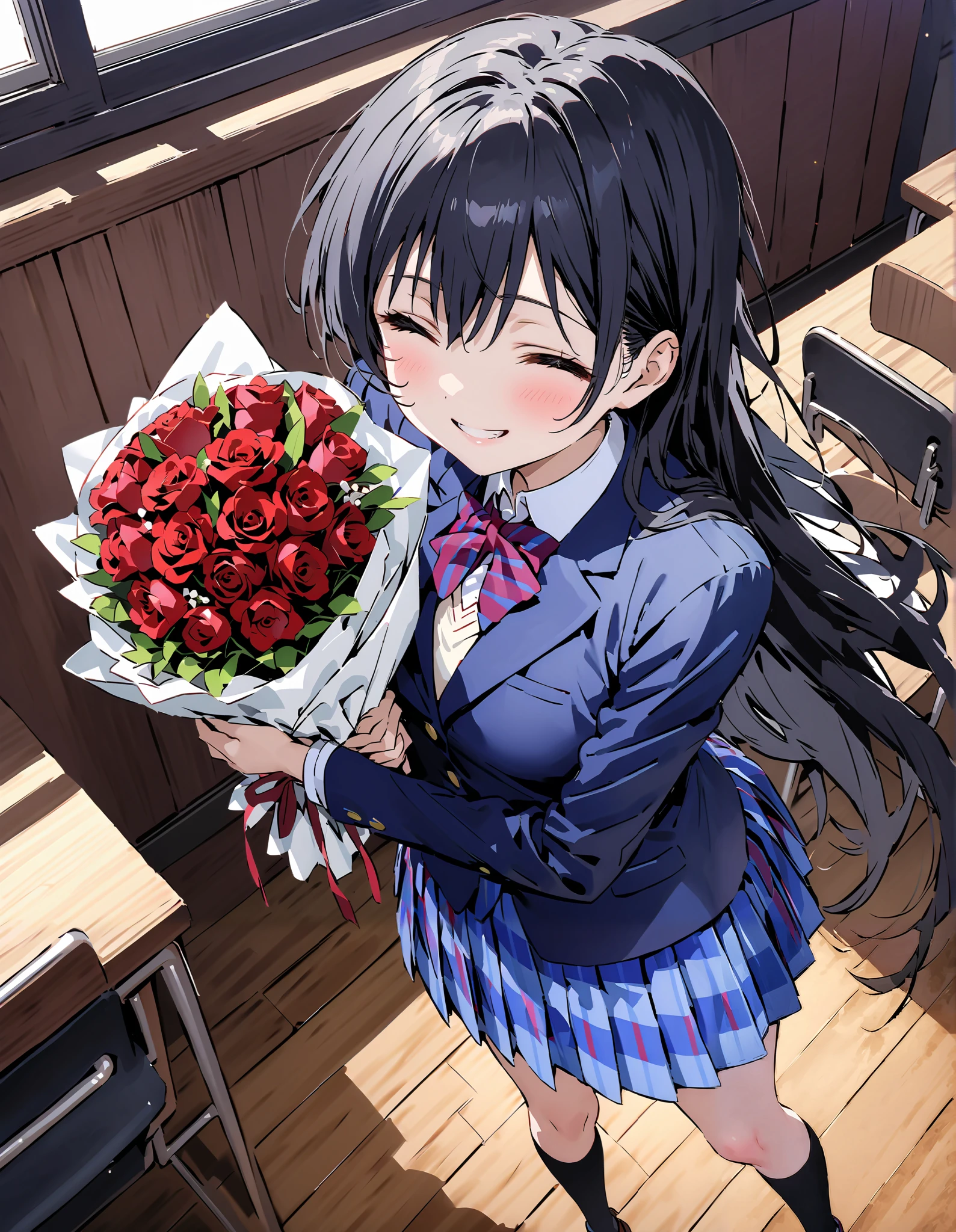 score_9, score_8_up, score_7_up, source_anime, Sonoda Umi , Alone,long hair, bungs, Between the eyebrows, Green Hair,long straight hair, school uniform, jacket, blazer from above the bar,Skirt, black high socks, Winter uniform, otonokizaka school uniform,is standing,Holding a bouquet in both arms, both eyes,big smiles,smile,blushes,open their mouths,machine,chairs,machineの上にバースデーケーキが置いている,break indoors, classroom,
break (masterpiece:1.2), top quality, high resolution, Unity 8K Wallpaper , (illustration for both eyes:0.8), very detailed face, perfect lighting, extremely detailed CG, (perfect hand, perfect anatomy),