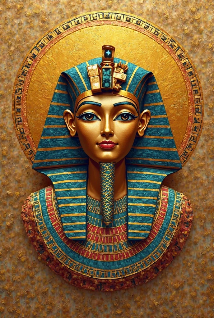 Create a background that represents Egyptian culture, with Nefertiti's crown highlighted, surrounded by hieroglyphs and symbols of beauty, like the lotus flower and the beetle. Use a vibrant color palette, incluindo azul, gold and red. Ao fundo, include silhouettes of pyramids and temples, with a mystical atmosphere that evokes the spirituality of Ancient Egypt