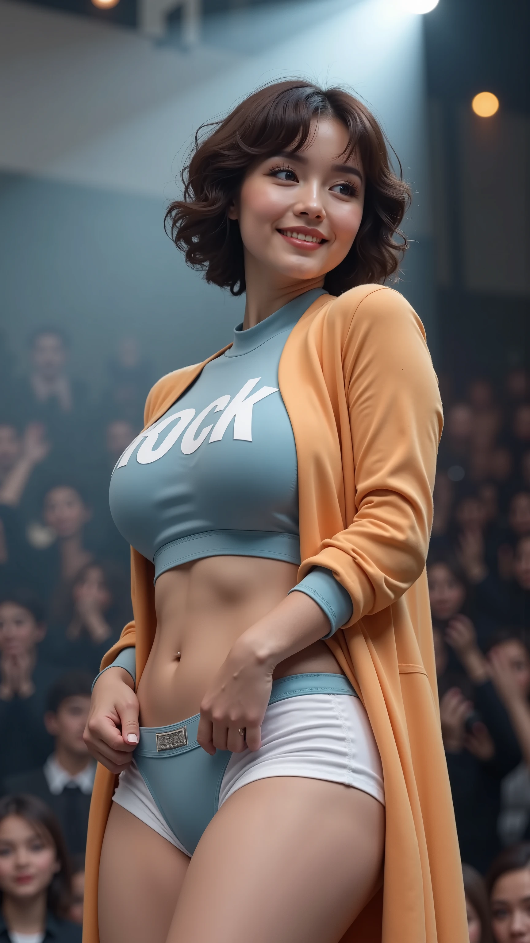 Beautiful French women,vertical viewing angle,Short hair with small volume curls,Oversized boobs, big ass, thin waist, , The curve is obvious, full body,Beige high neck long sleeve hip-covering long dress,Beveled Edge Design,with the word rock,loose modal fabric(Modal fabric),double layer fabric design,The inside of the dress is light blue,The outside of the dress is orange,Cover bust,white slim yoga shorts((Exposing genitals,Raised) Huge Camel Toe ,Abalone line 、Camel Hoof )), Super Details, high resolution , Super Detailsed, is the best quality, are amazing, High quality, Extremely Detailed CG Unity 8k , perfect lighting ,, Get the Best Quality , The picture should be ultra-high definition and clear and sharp,stand on the stage and dance to rock music,so happy crazy,A beam of light shines down from the top of the head,Movie-grade light and shadow,Surrounded by spectators ,came very close,Standing on stage with crazy clapping