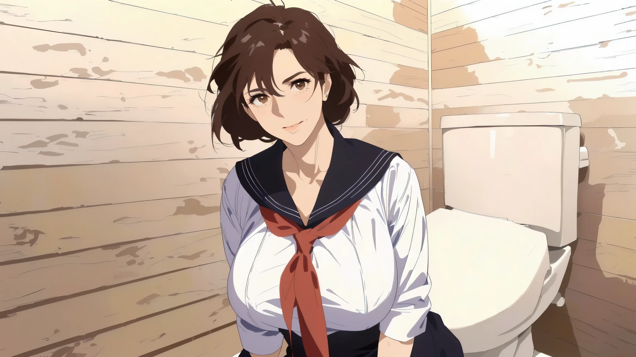 best quality, bright、mature mom, 静かなmature mom 、 (( I have wrinkles around my eyes and mouth :1.3))、detailed faces, brown hair, mesh bang hairstyle, brown eyes, (Big Breasts), shy and embarrassed mature mom, (mature mom in tight and white sailor suit:1.3) 、 There is a newly built wooden walled toilet ,(Simple Western-style toilet.Move to the right edge of the screen:1.4),
